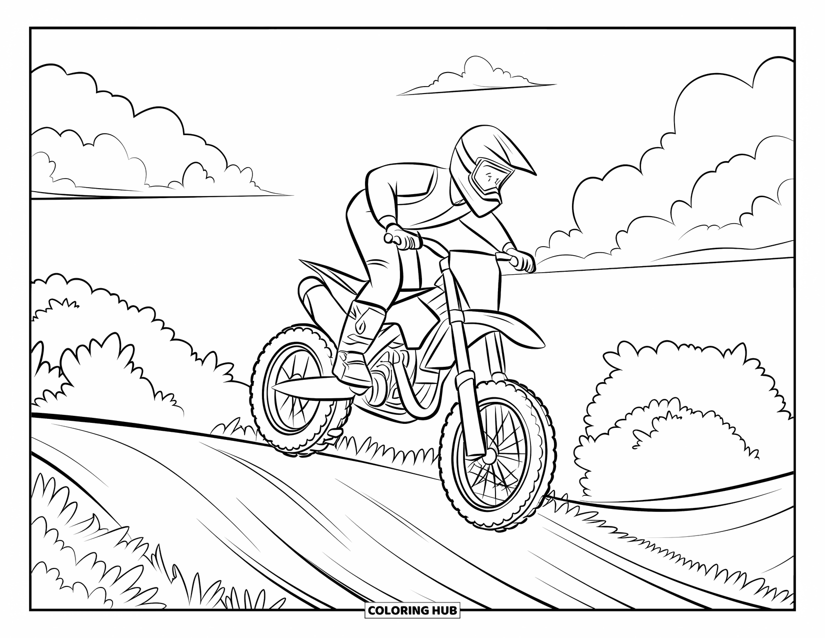 Motocross Coloring Page for Kids: A motocross rider performs a stunt midair over a grassy hill