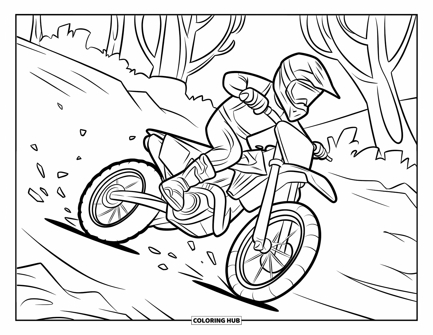 Motocross Coloring Page for Kids: A motocross rider slides through a curve with rocks flying behind