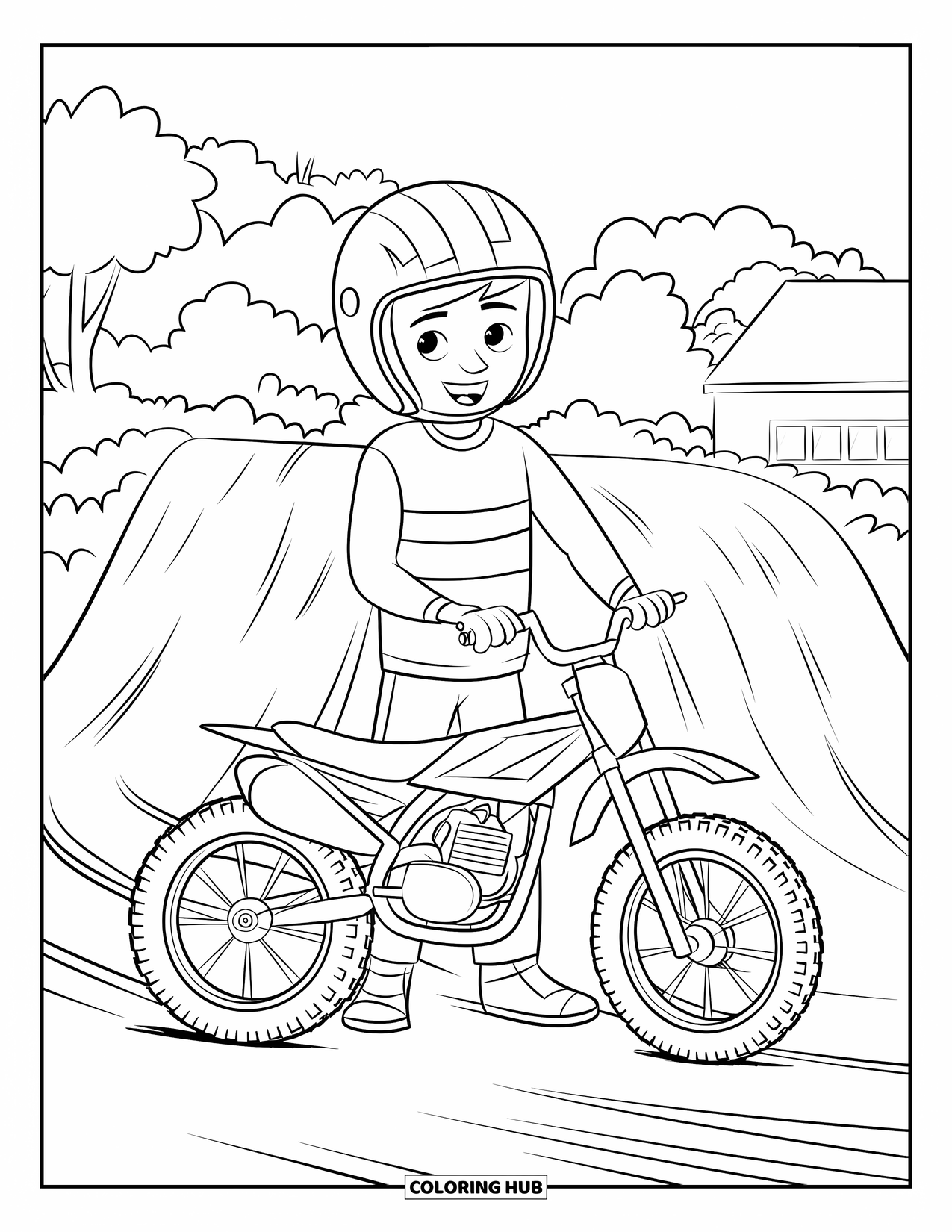 Motocross Coloring Page for Kids: A motocross rider stands by his bike near trees and a building