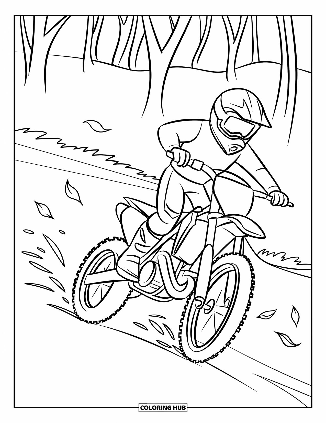 Motocross Coloring Page for Kids: A motocross rider zips through trees as leaves swirl in the air