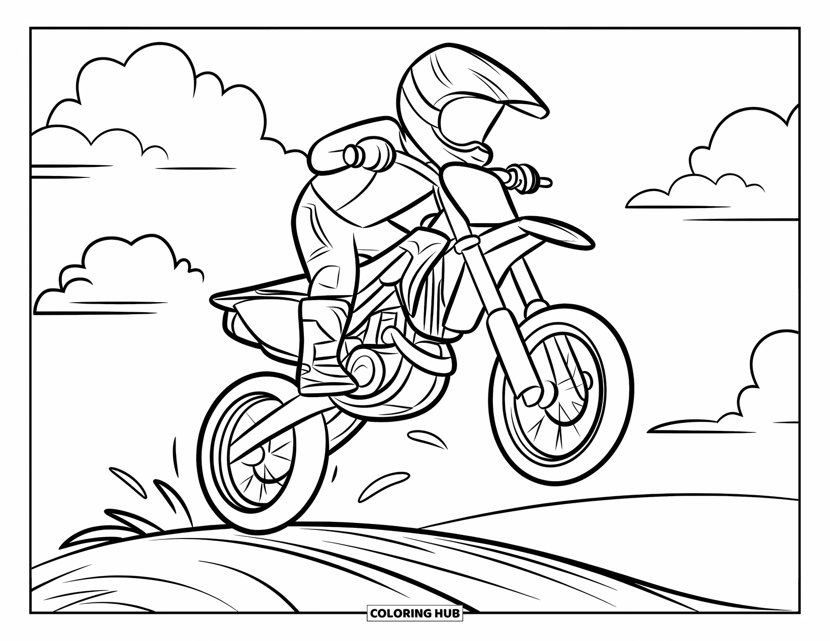 Motocross Coloring Page for Kids: A playful bike jumps a little hill surrounded by clouds