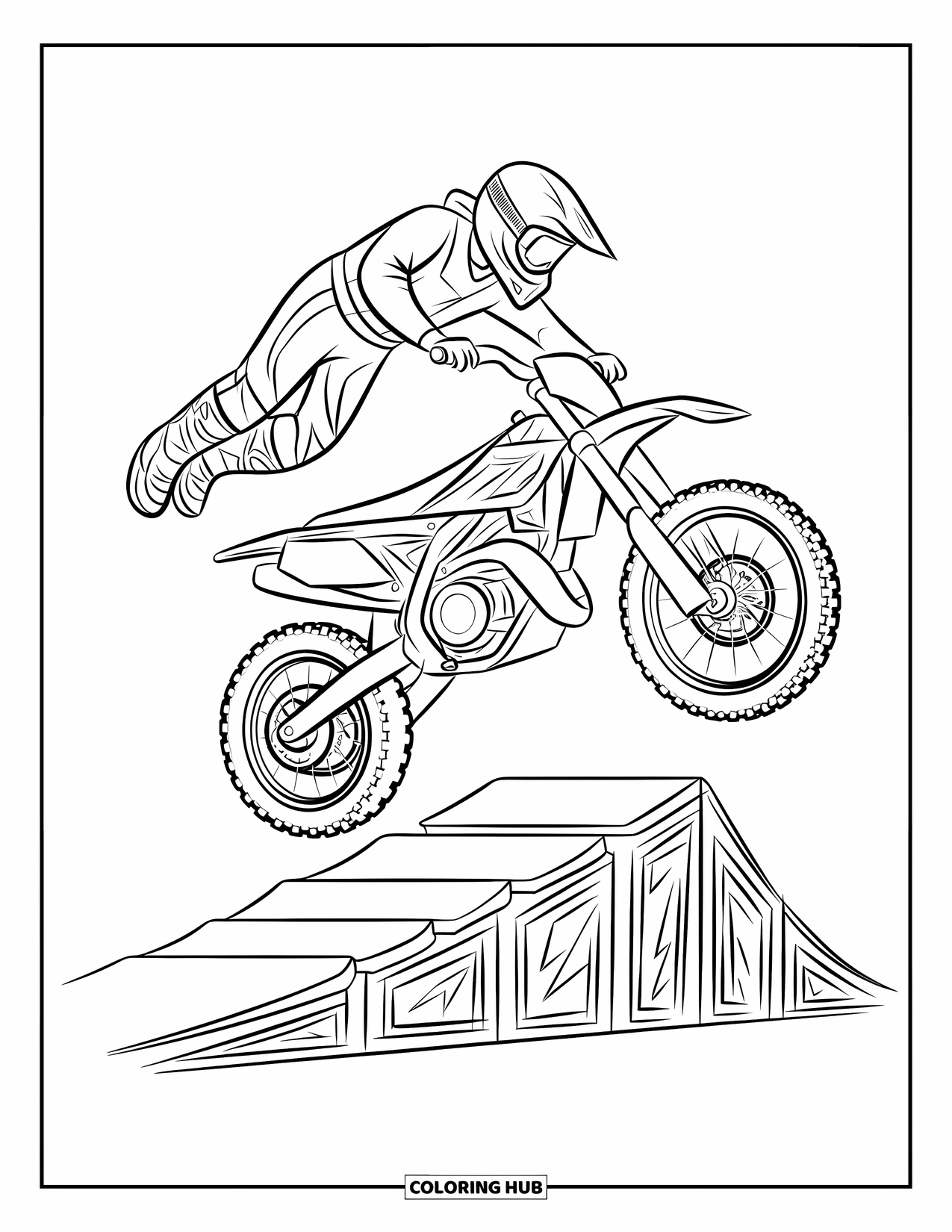 Motocross Coloring Page for Kids: A rider flips above a stacked dirt ramp under a bright sky
