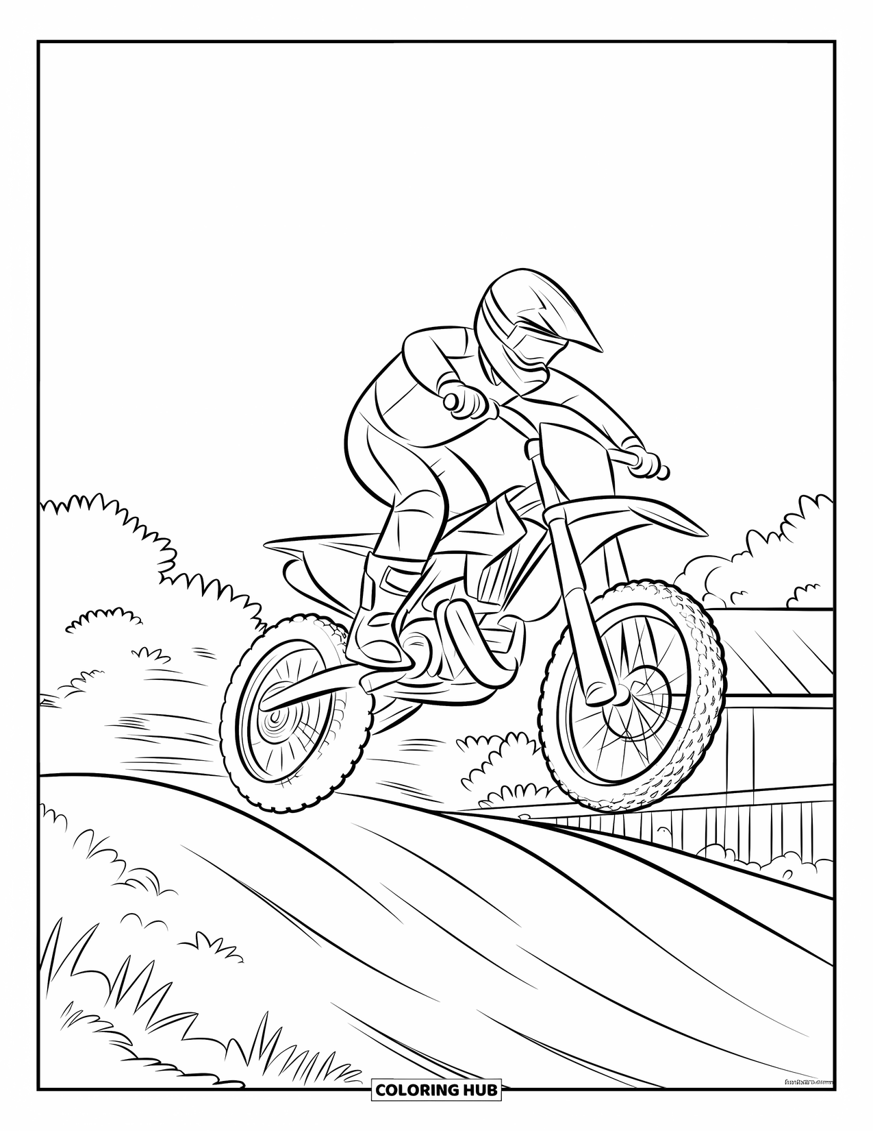 Motocross Coloring Page for Kids: A rider in a helmet flies mid-jump over grassy hills