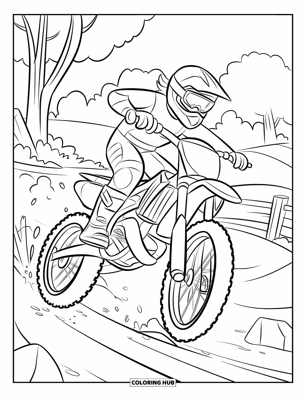 Motocross Coloring Page for Kids: A rider launches off a dirt ramp surrounded by trees and fences