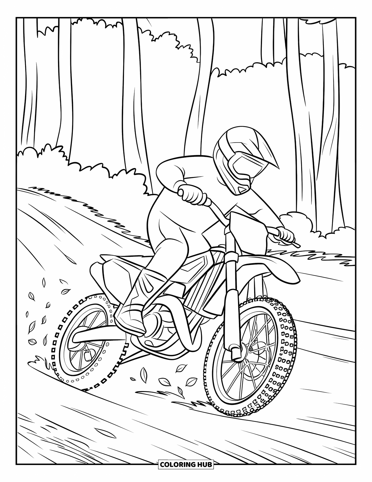 Motocross Coloring Page for Kids: A rider rides through a wooded path covered in rustling leaves