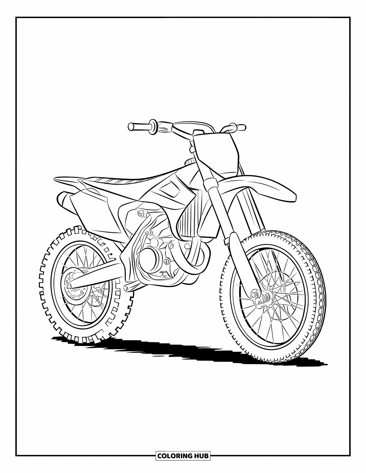 Motocross Coloring Page for Kids: A simple motocross bike with large tires stands on flat ground