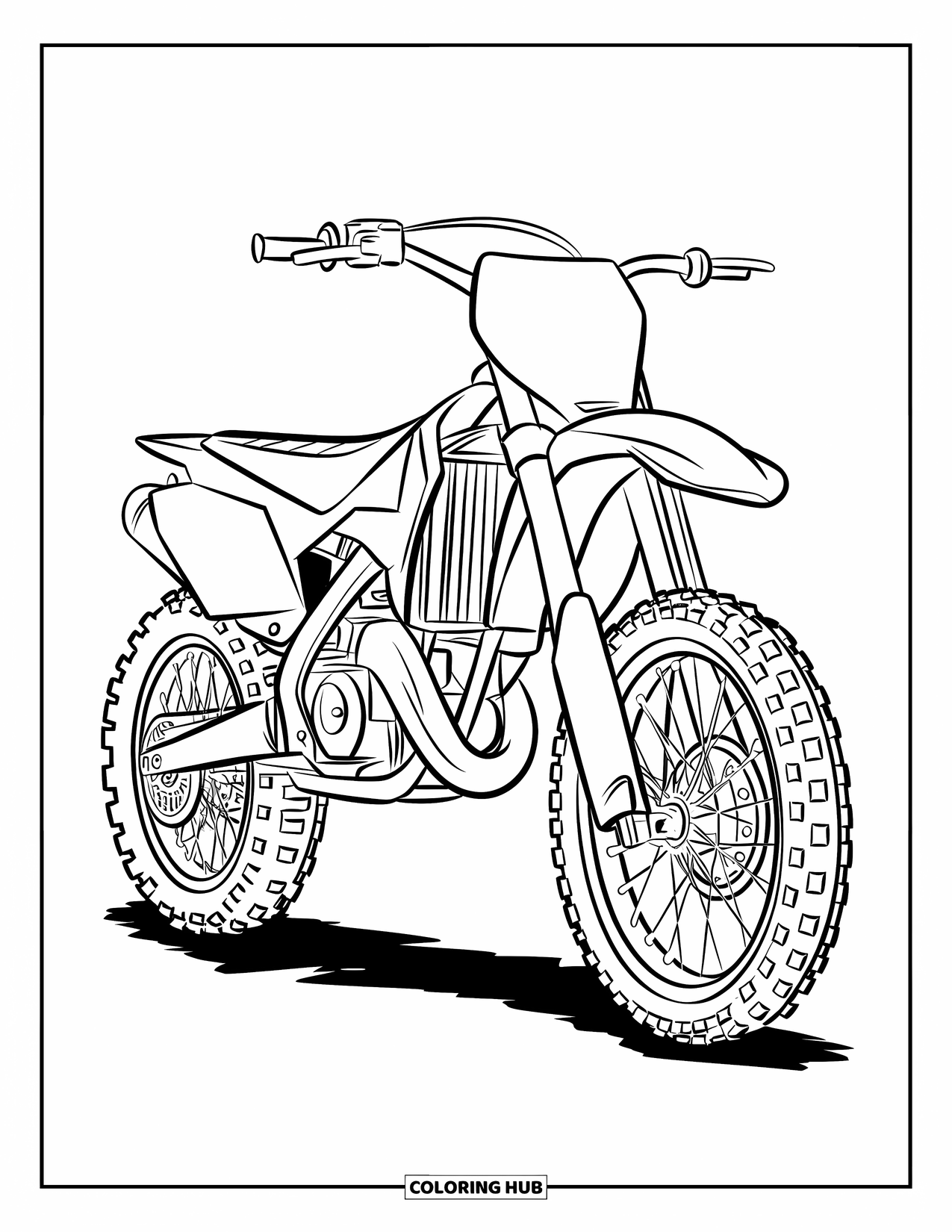 Motocross Coloring Page for Kids: A sleek motocross bike faces front on an open track