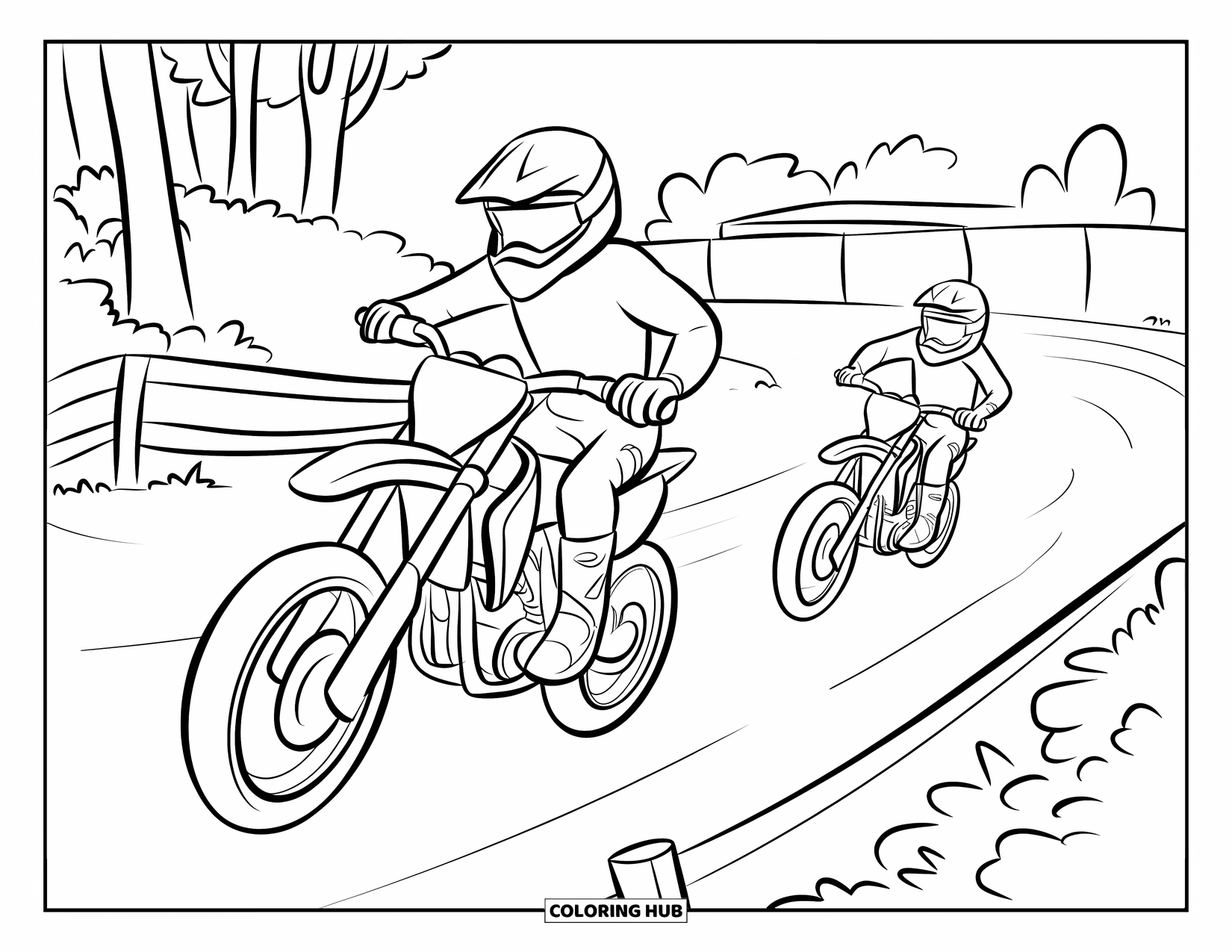 Motocross Coloring Page for Kids: Two motocross racers compete neck-and-neck toward the finish line
