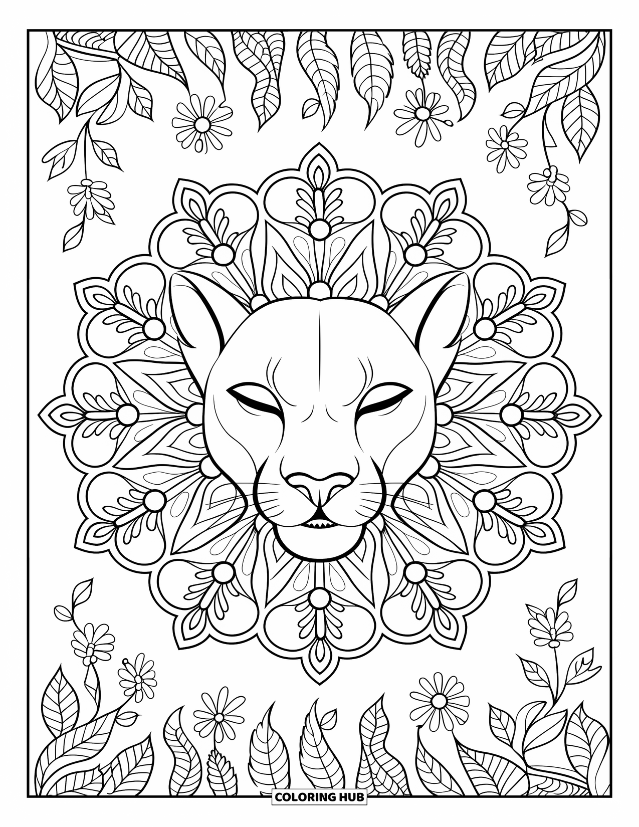 Mountain Lion Coloring Page for Adults: A calm lion face rests inside a floral mandala filled with leaves and vines