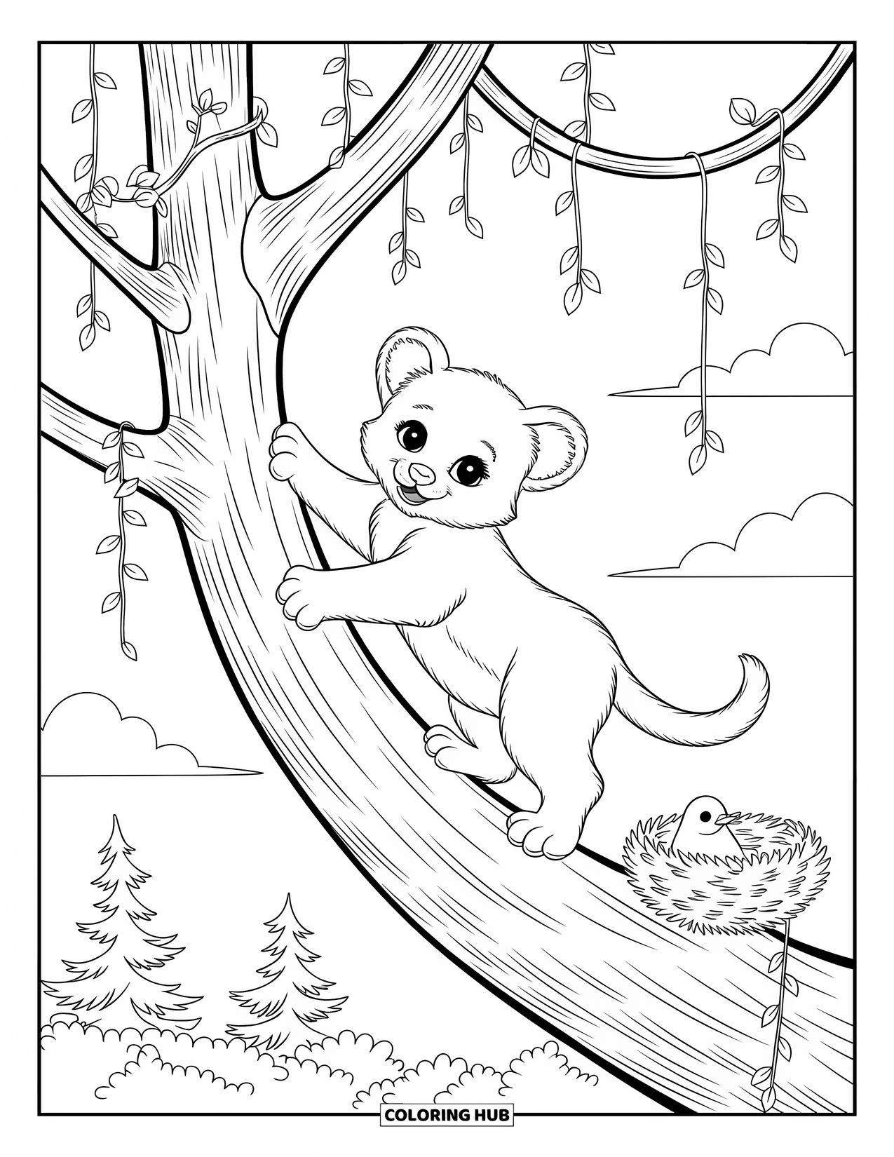 Mountain Lion Coloring Page for Adults: A cub climbs through leaves and vines near a nest and drifting leaves