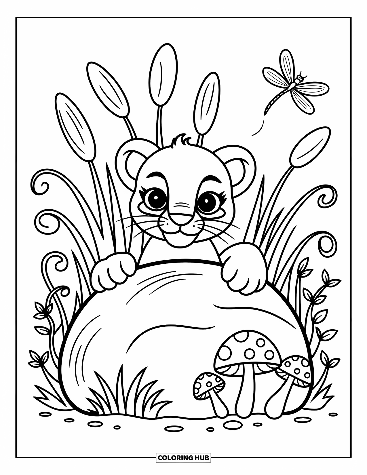 Mountain Lion Coloring Page for Adults: A cub peeks playfully over a rock with grasses and mushrooms around