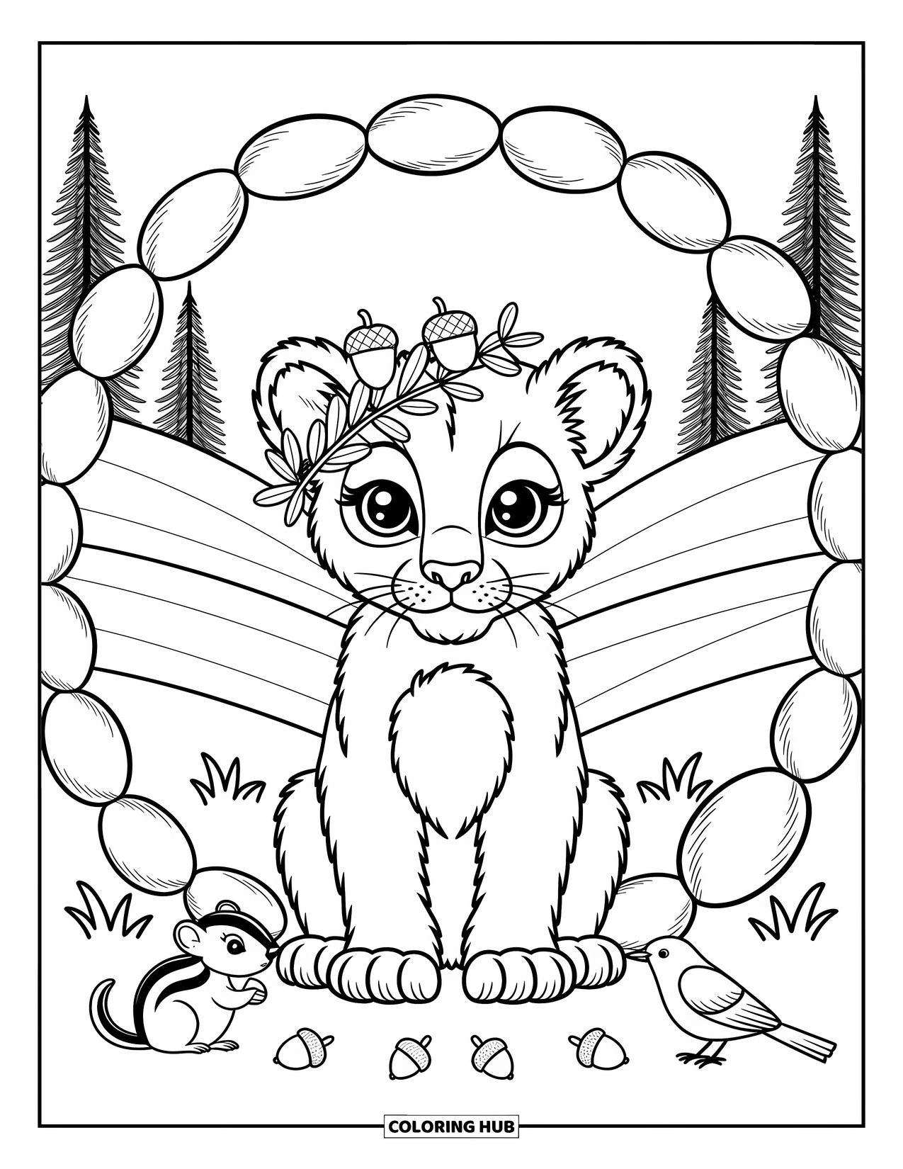 Mountain Lion Coloring Page for Adults: A cub with a leaf crown sits surrounded by stones and forest animals