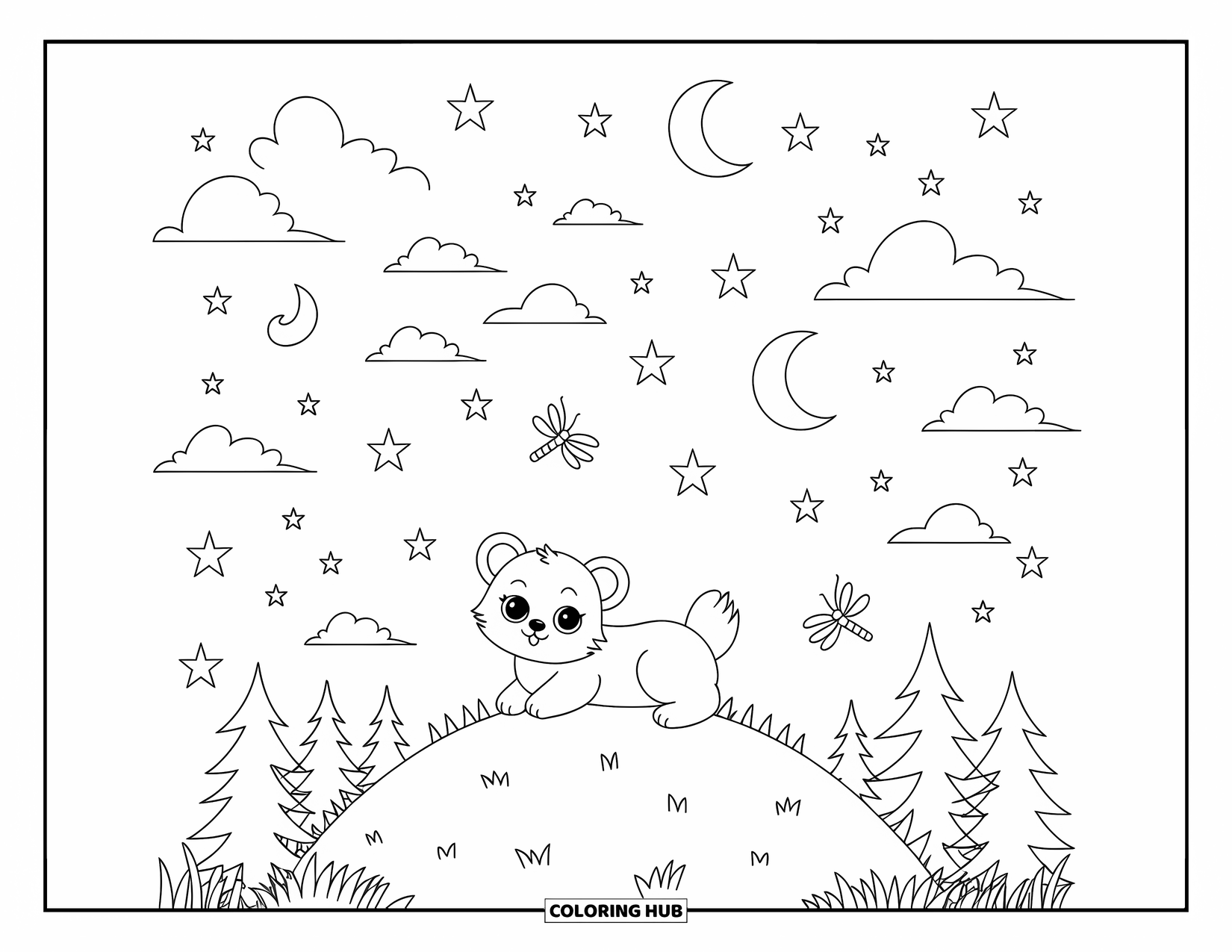 Mountain Lion Coloring Page for Adults: A curious cub gazes at stars and moons from a quiet hill