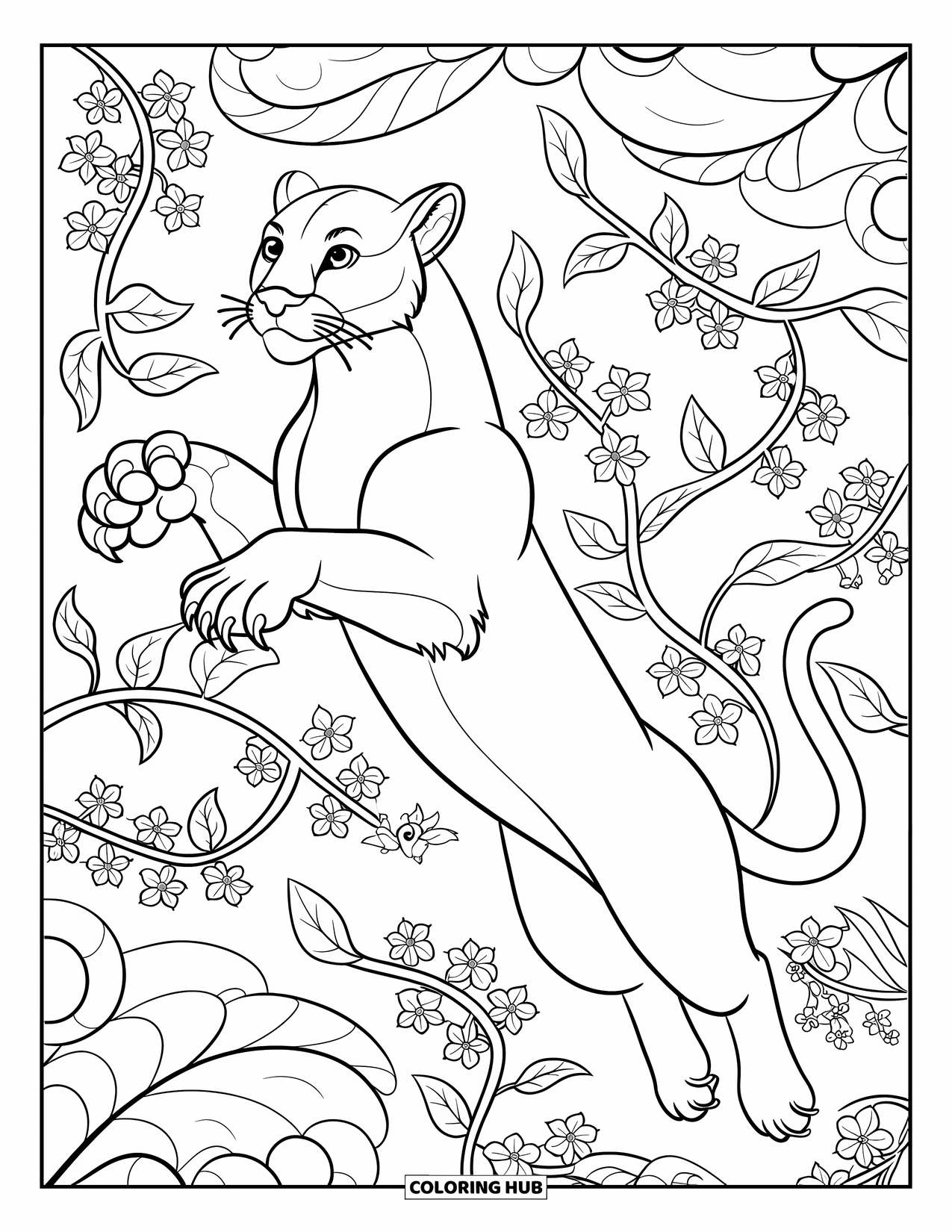 Mountain Lion Coloring Page for Adults: A leaping lion soars through leaves and flowers in swirling patterns