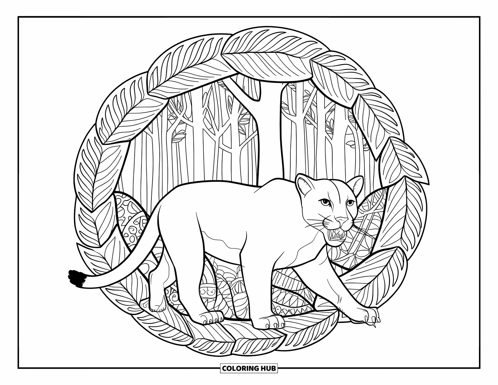 Mountain Lion Coloring Page for Adults: A lion moves through a forest tunnel of patterned leaves and tall trees