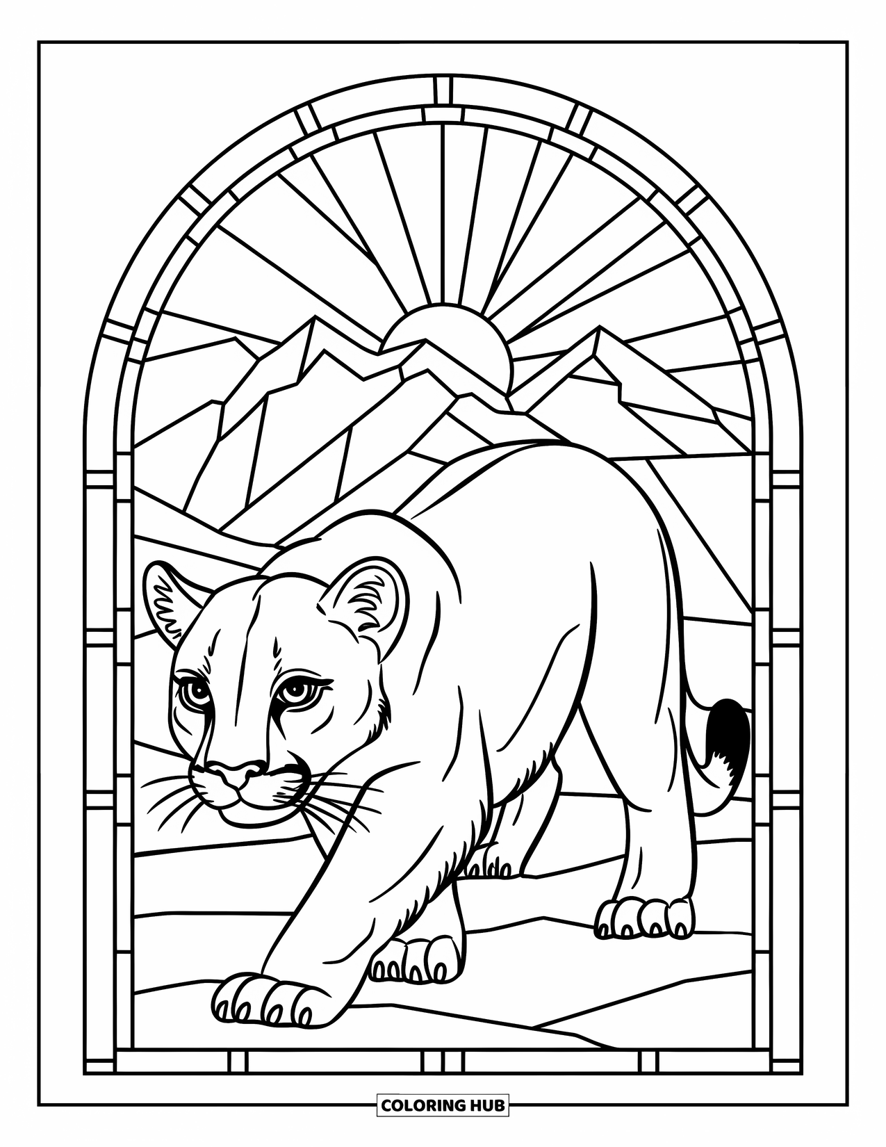 Mountain Lion Coloring Page for Adults: A lion prowls beneath a sunlit mountain framed in stained glass