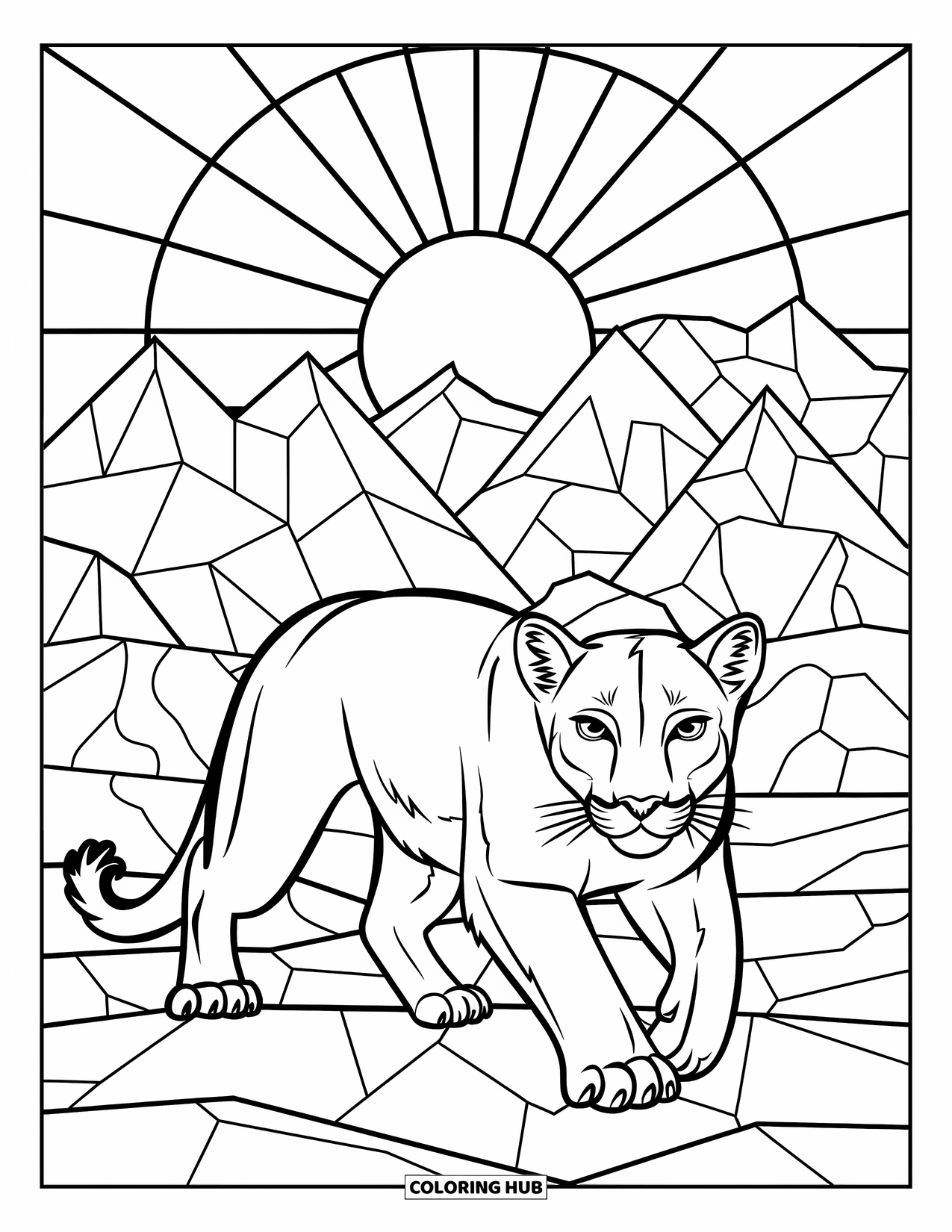 Mountain Lion Coloring Page for Adults: A lion prowls through nature framed by stained glass mountains and a glowing sun