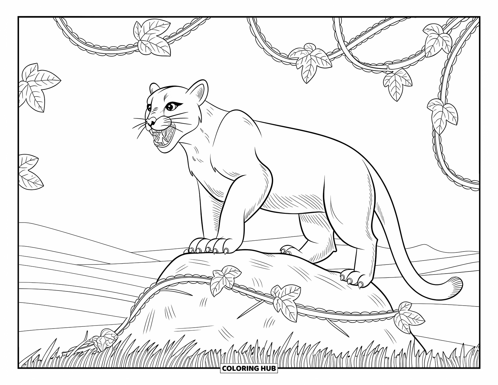 Mountain Lion Coloring Page for Adults: A lion stands among ivy on a rock, backed by hills and sky