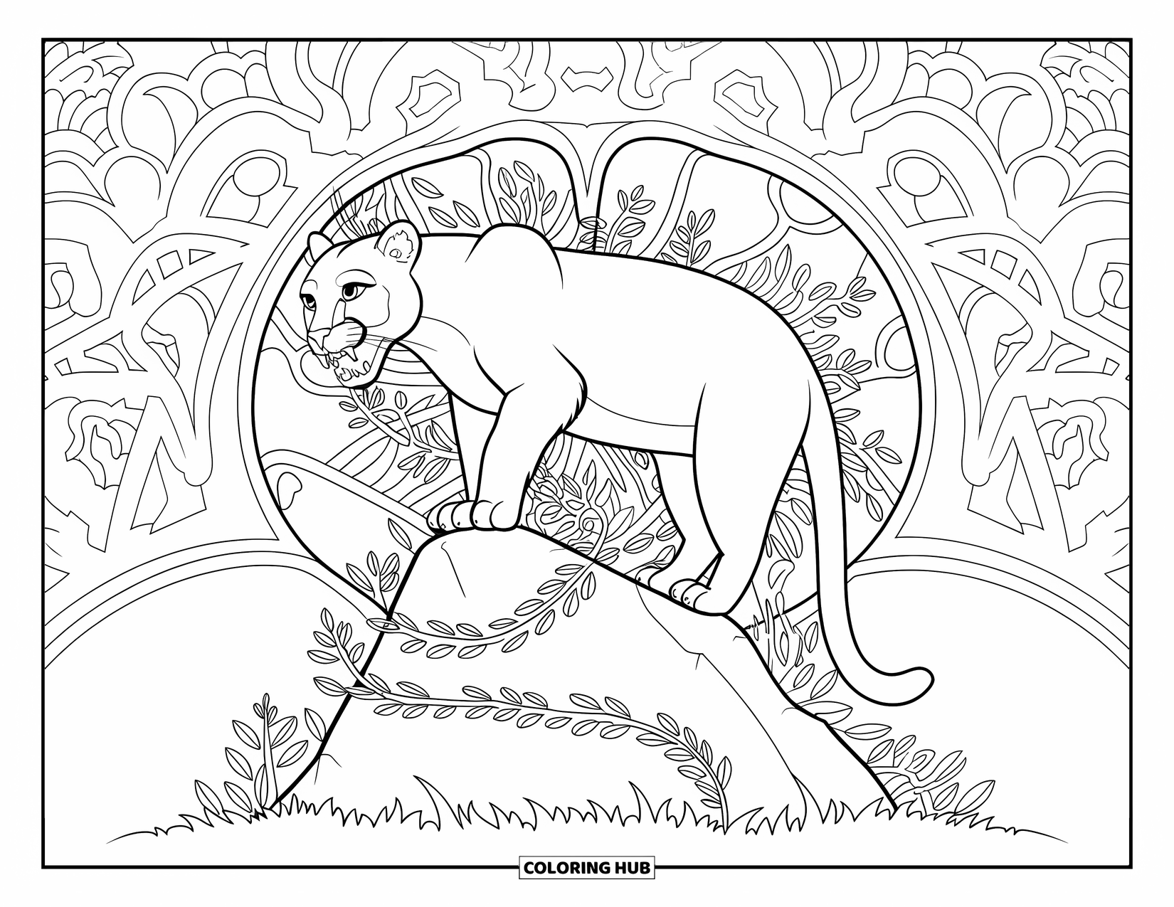 Mountain Lion Coloring Page for Adults: A lion stands on a rock wrapped in swirling ivy tendrils