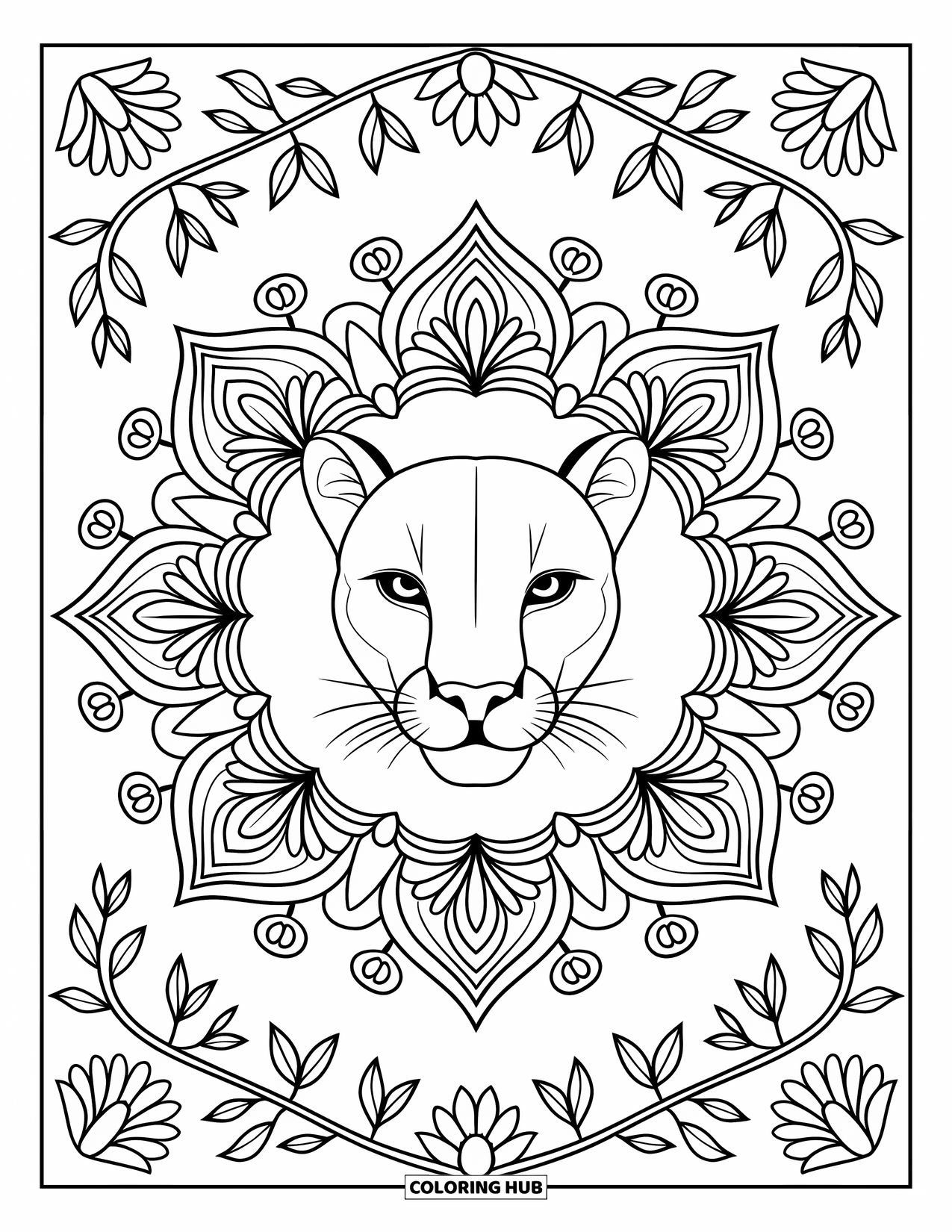 Mountain Lion Coloring Page for Adults: A lion with a mane lies centered in a floral mandala of vines and petals