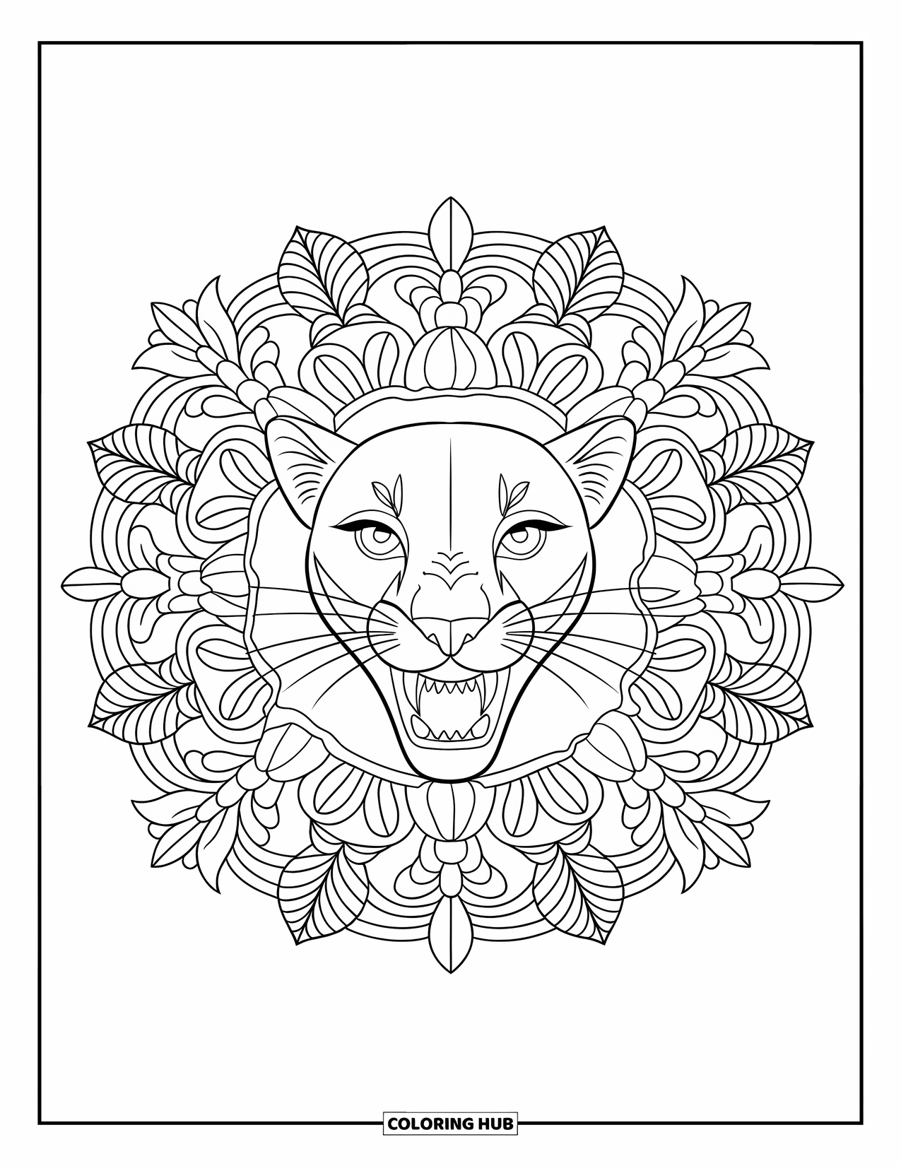 Mountain Lion Coloring Page for Adults: A lion's face roars from the center of a detailed floral mandala