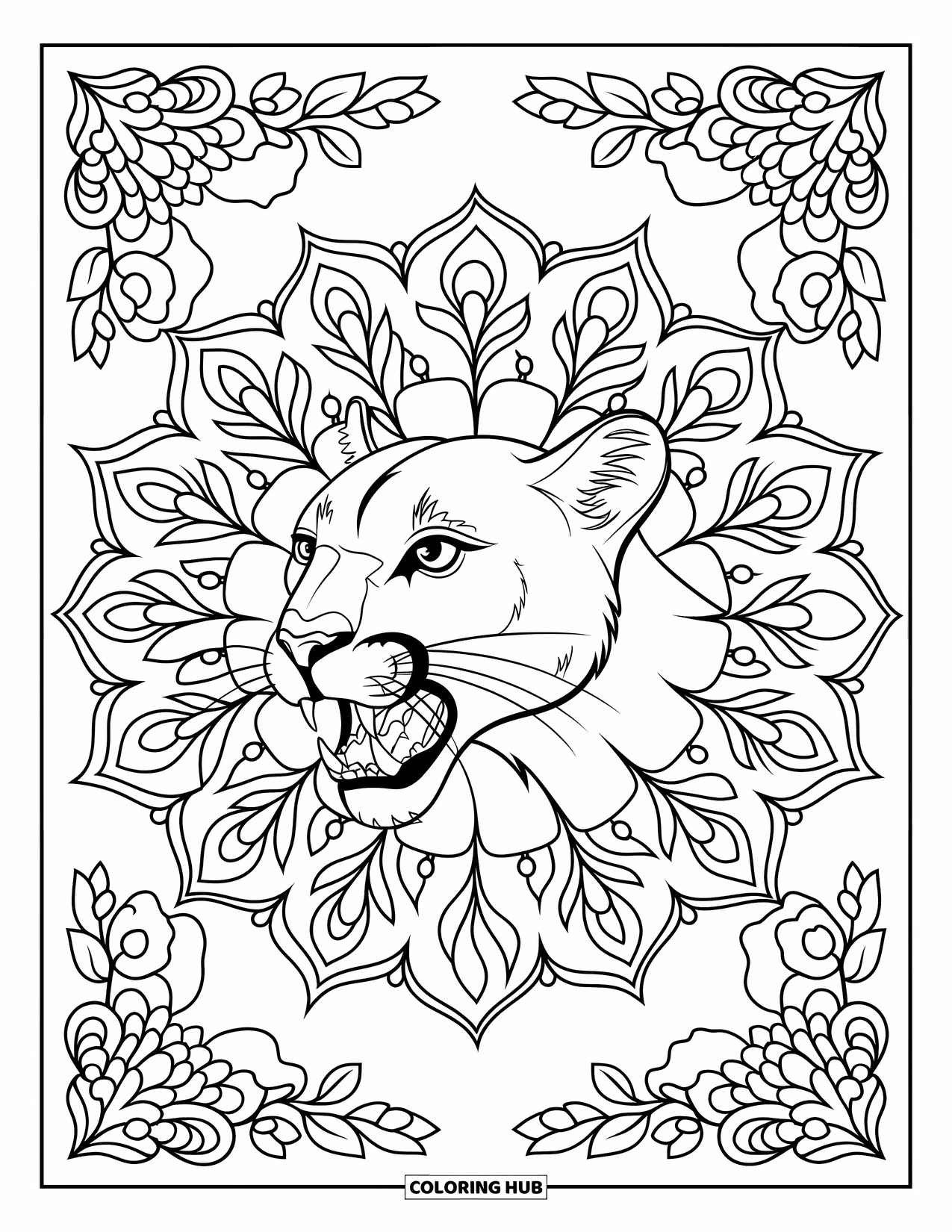 Mountain Lion Coloring Page for Adults: A lion's head is surrounded by flowers and vines in a detailed mandala