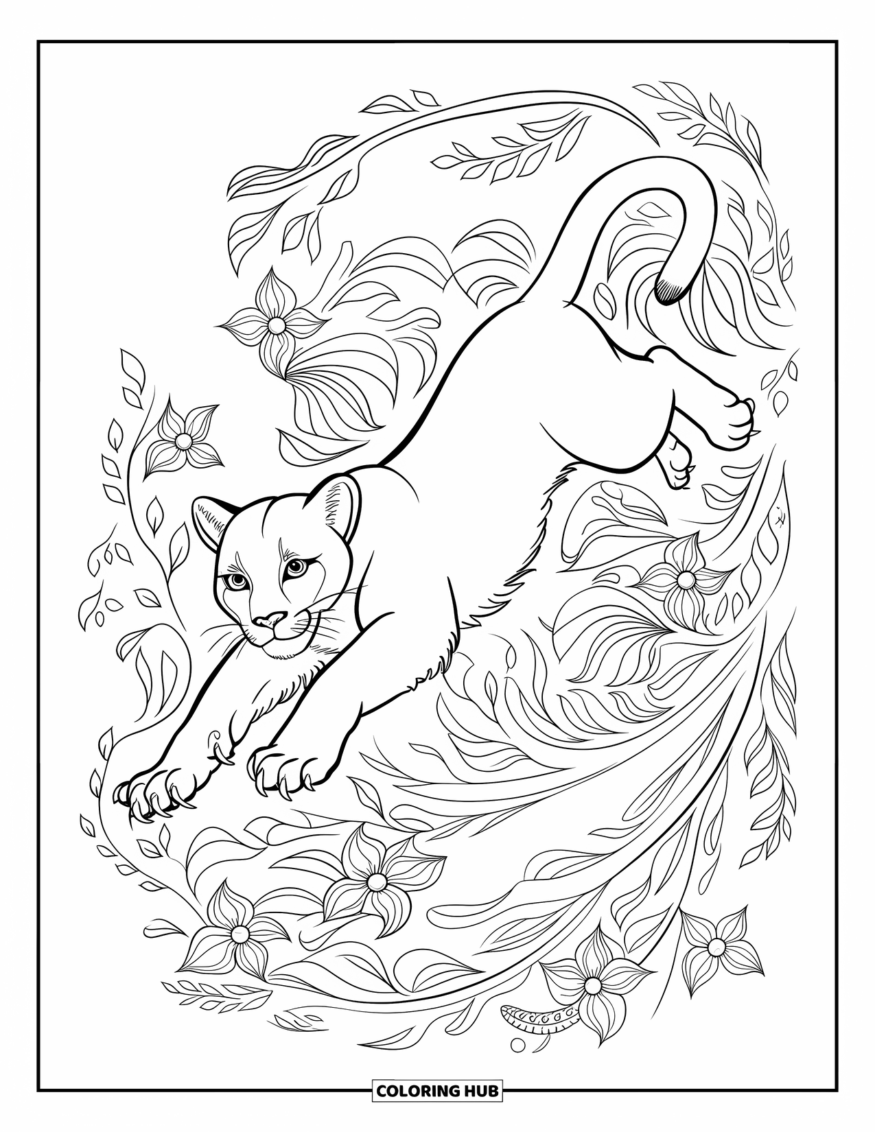Mountain Lion Coloring Page for Adults: A mountain lion leaps mid-air through swirling patterns of leaves and flowers