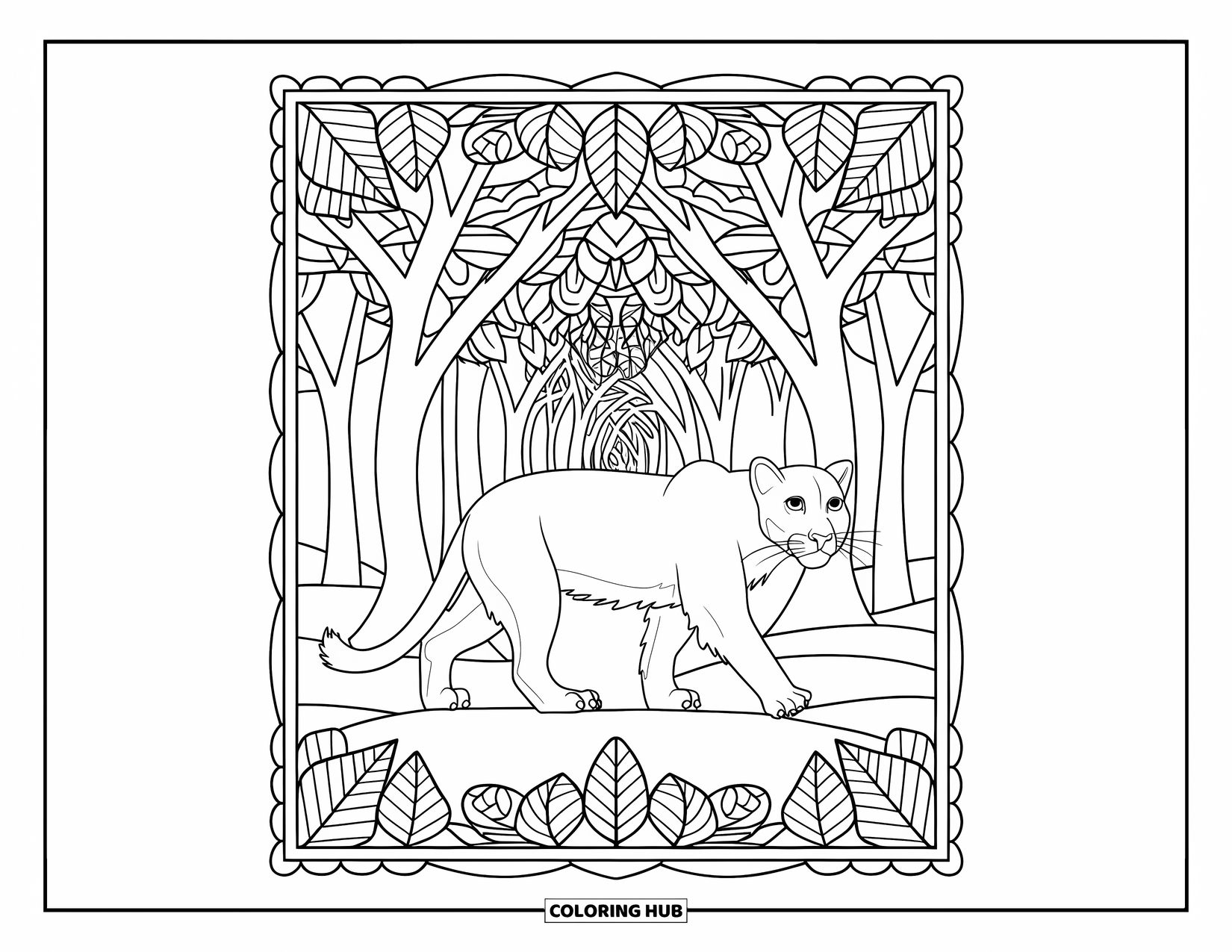 Mountain Lion Coloring Page for Adults: A mountain lion walks through a leafy tunnel of patterned mandala trees