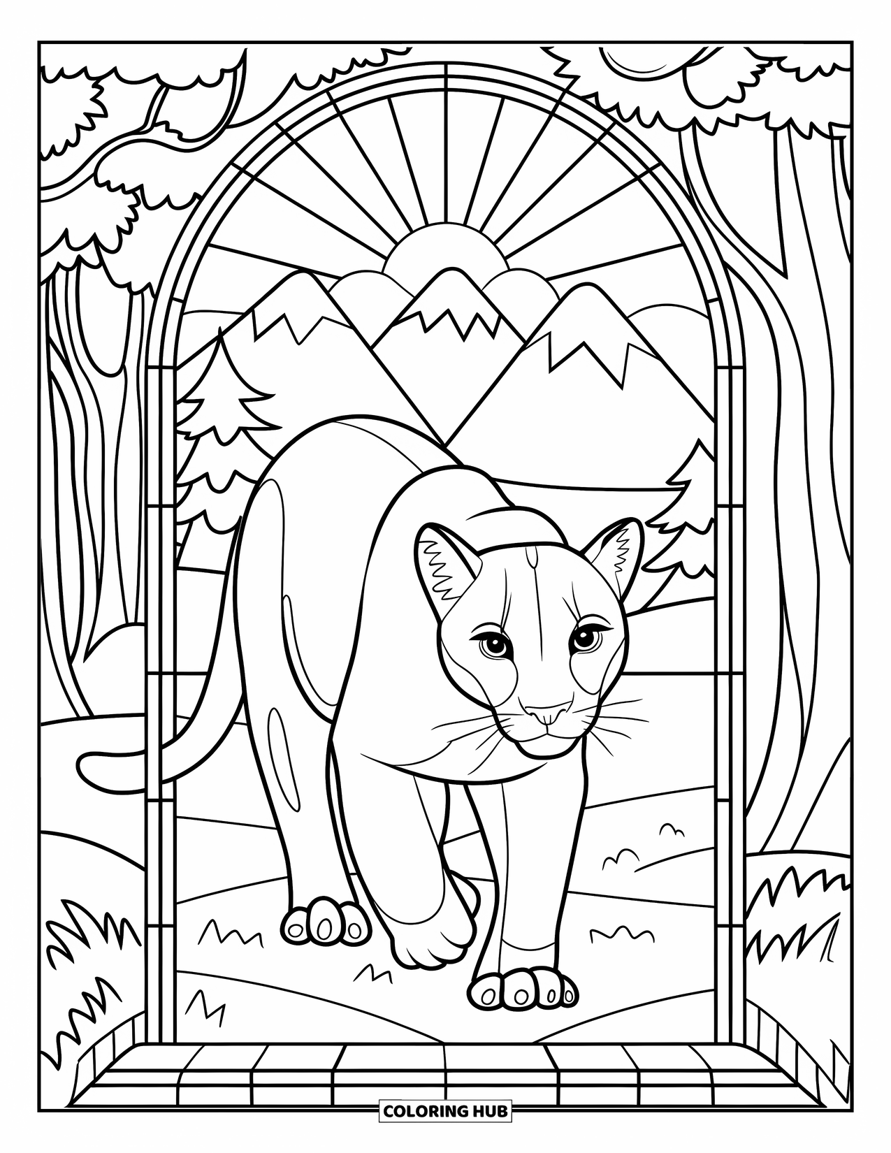 Mountain Lion Coloring Page for Adults: A prowling lion walks beneath stained glass mountains and sun
