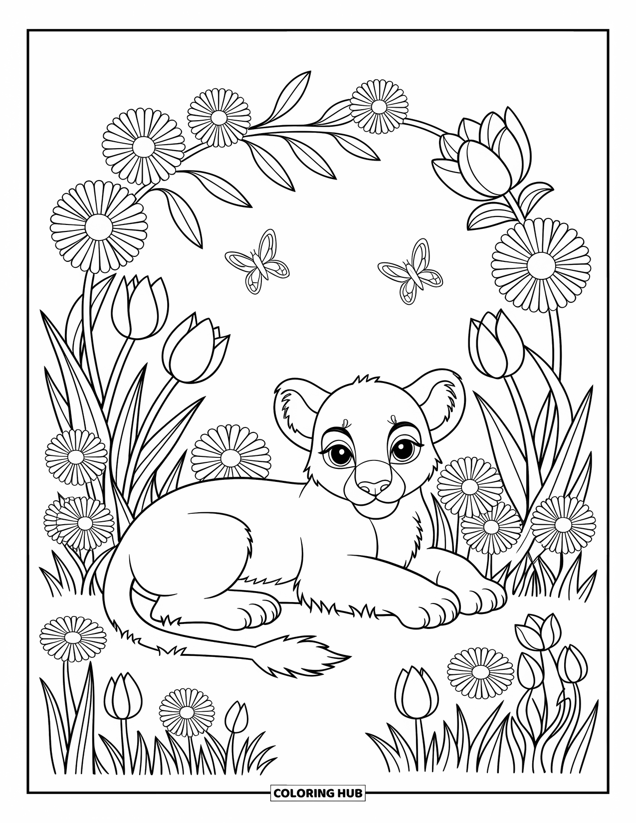 Mountain Lion Coloring Page for Adults: A sleepy cub curls in a meadow of flowers and butterflies