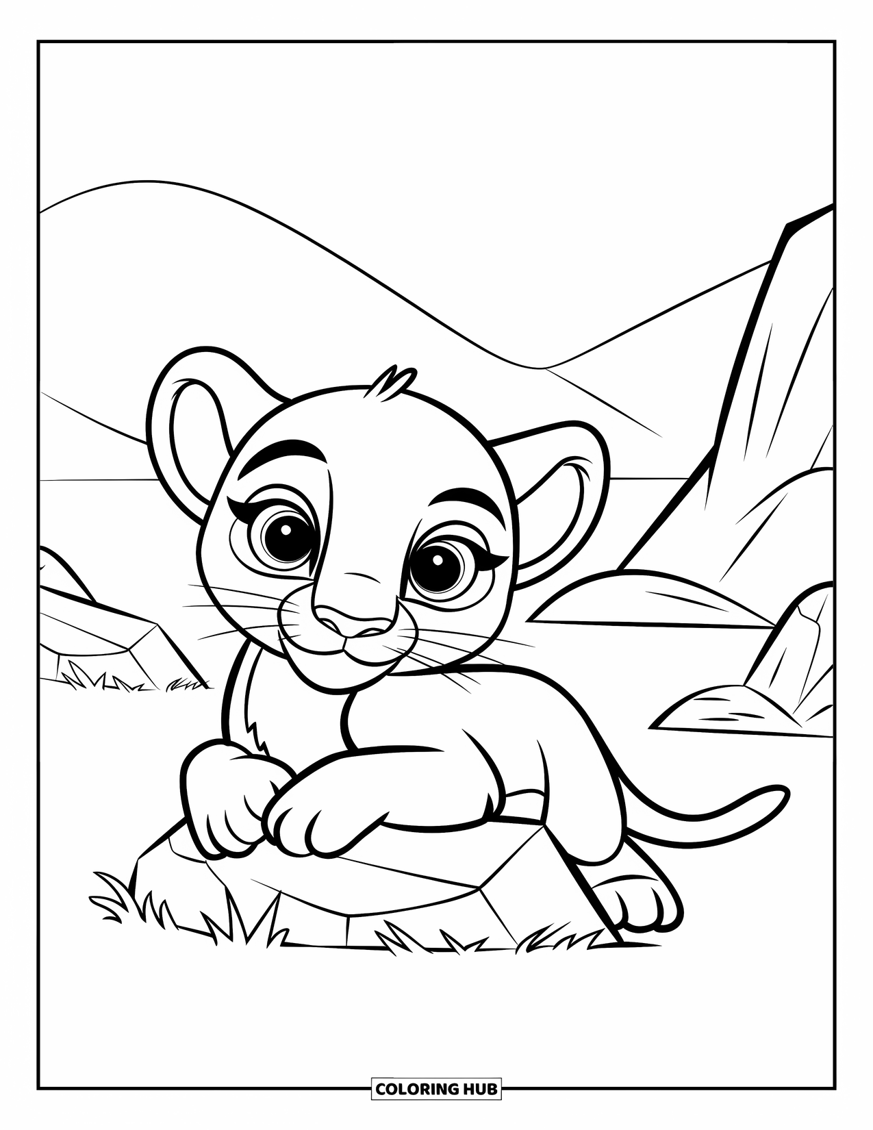 Mountain Lion Coloring Page for Kids: A baby lion rests beside a rock in a peaceful, open field
