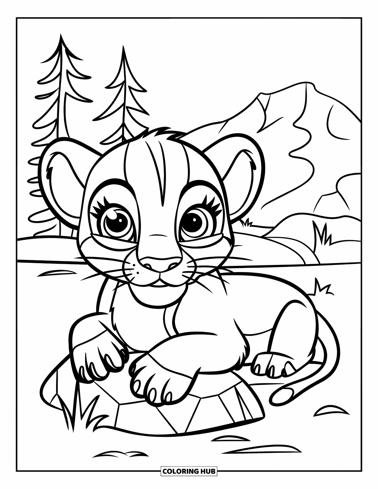 Mountain Lion Coloring Page for Kids: A baby lion with big eyes relaxes near a rock in the sunny hills