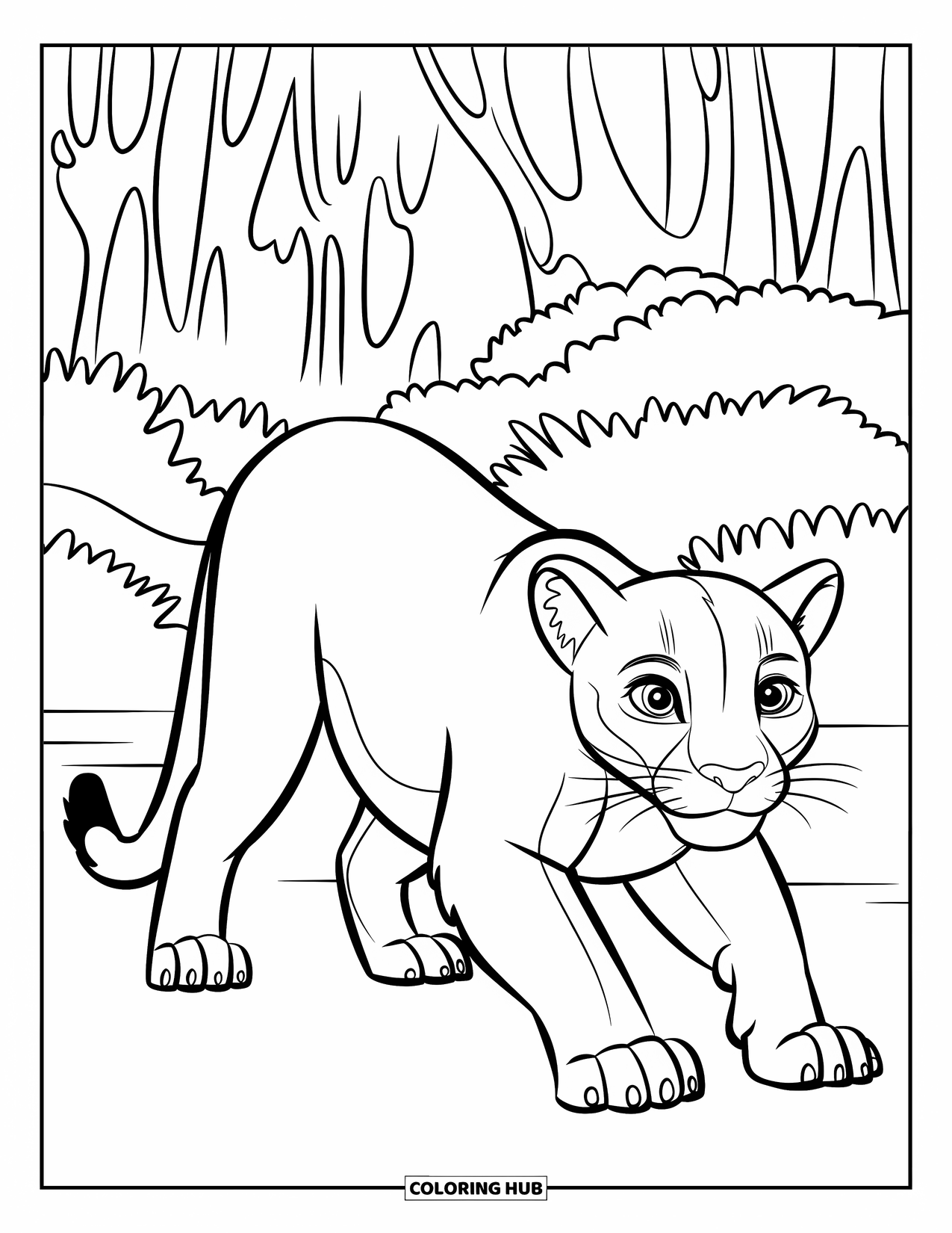 Mountain Lion Coloring Page for Kids: A bold lion creeps through a forest with trees and thick brush