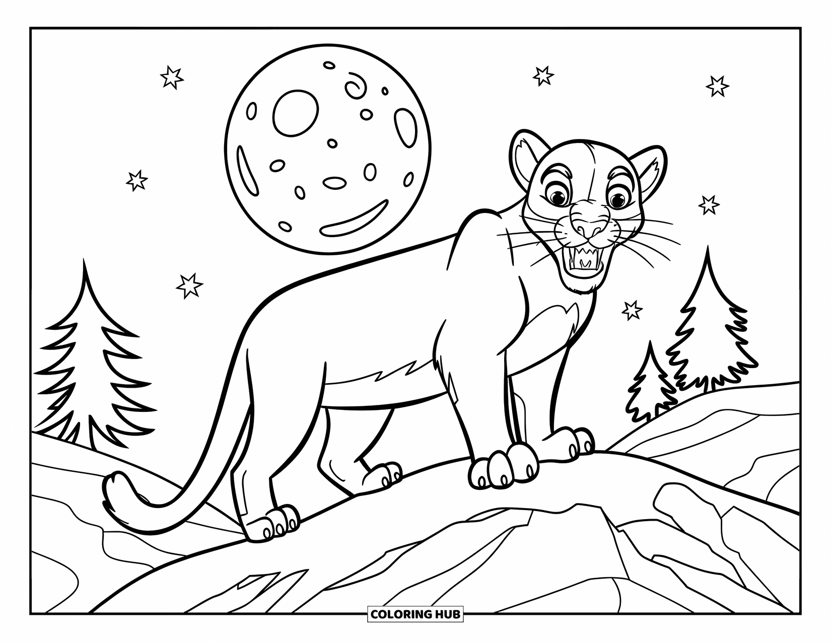 Mountain Lion Coloring Page for Kids: A bold lion stands on rocky ground under a glowing moon and stars