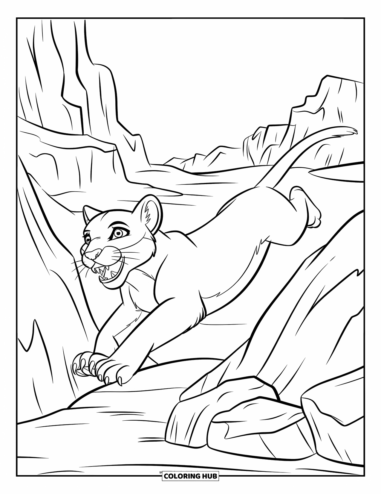 Mountain Lion Coloring Page for Kids: A bold mountain lion leaps between rocky outcrops under a wide, open sky