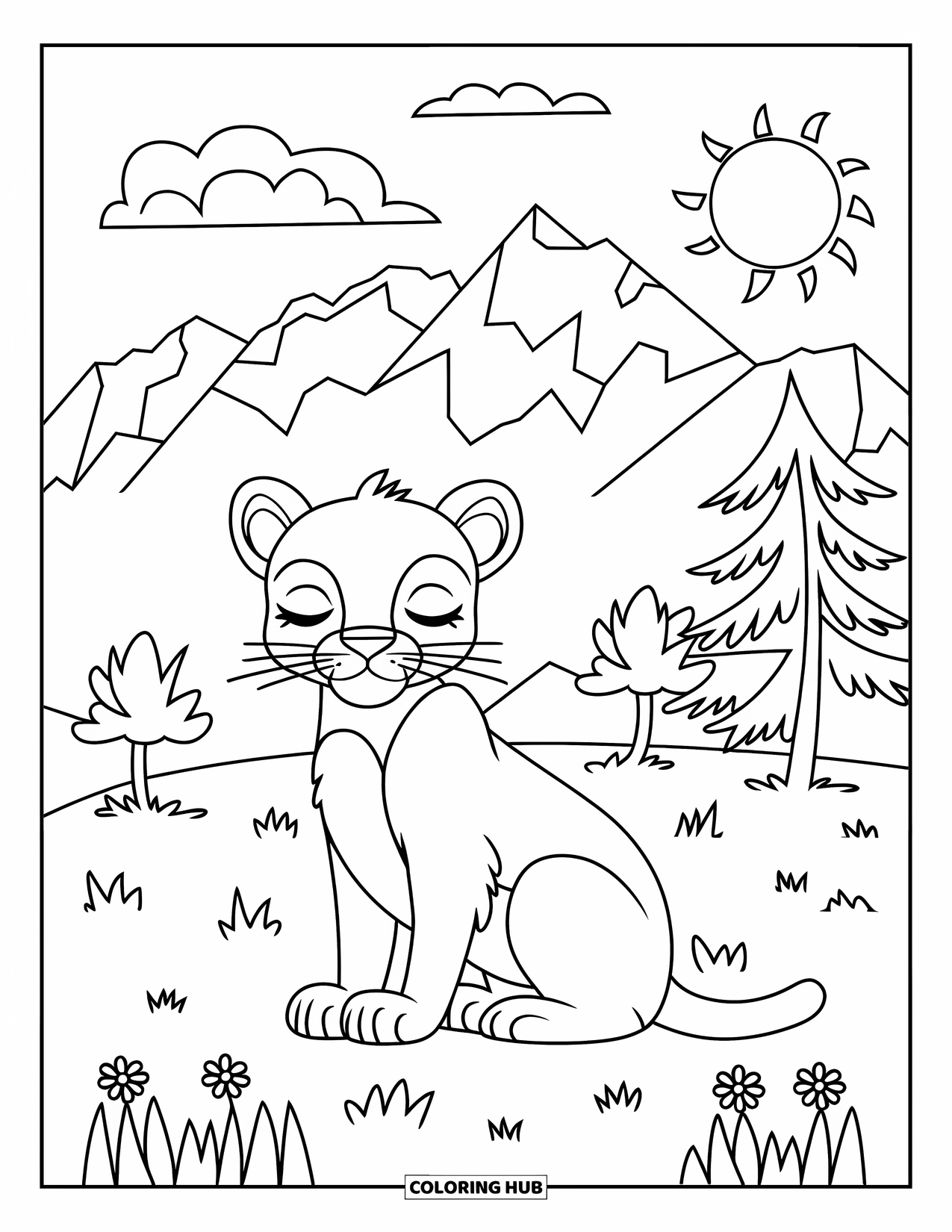 Mountain Lion Coloring Page for Kids: A calm lion sits in a grassy field with flowers and a fluffy cloud