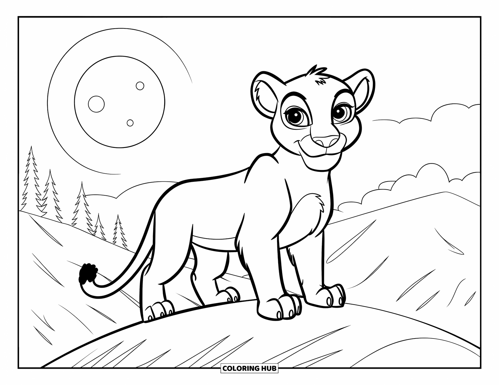 Mountain Lion Coloring Page for Kids: A cheerful lion stands on a hill beneath a bright full moon