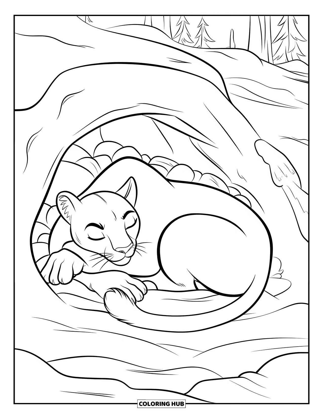 Mountain Lion Coloring Page for Kids: A cozy lion naps on snowy ground just inside a cave