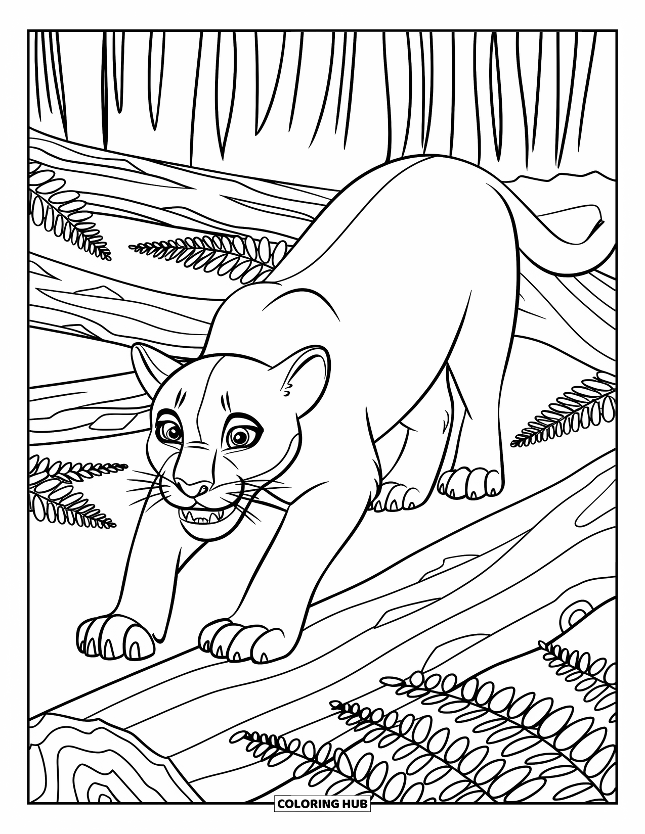 Mountain Lion Coloring Page for Kids: A fierce lion prowls among ferns and fallen logs in a forest