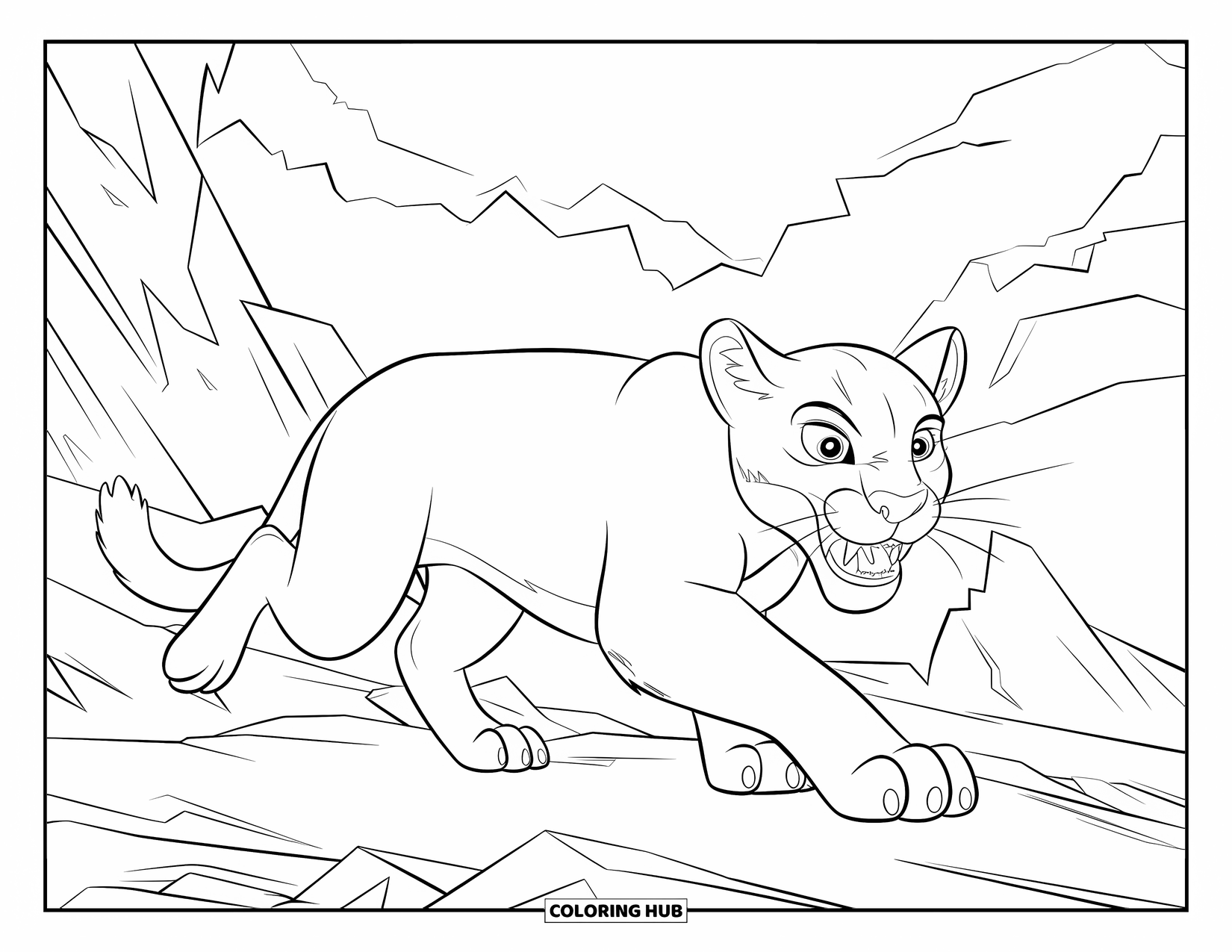 Mountain Lion Coloring Page for Kids: A fierce mountain lion pounces over rocky peaks beneath a dramatic sky