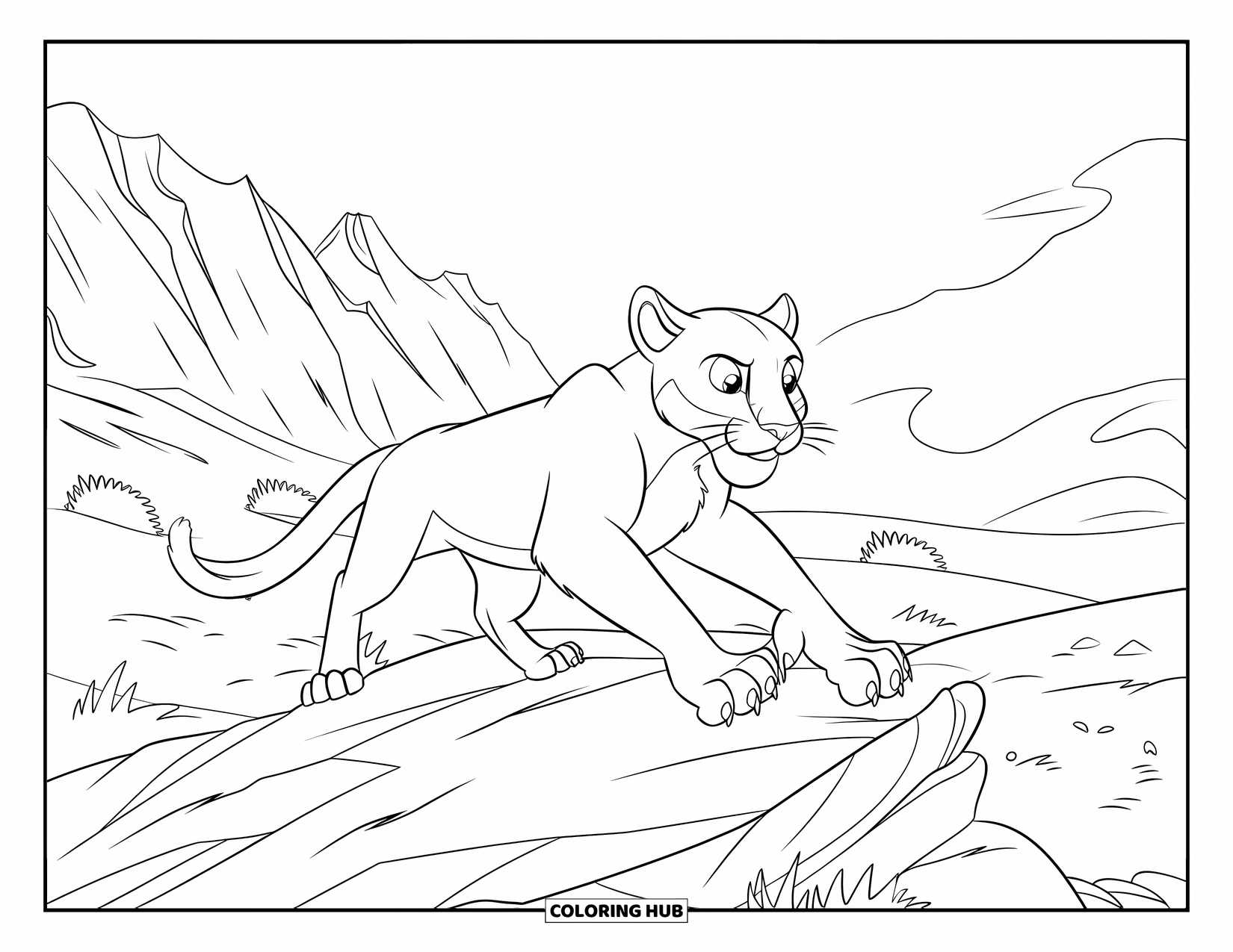 Mountain Lion Coloring Page for Kids: A focused mountain lion jumps across rocky slopes with sharp claws and boulders nearby