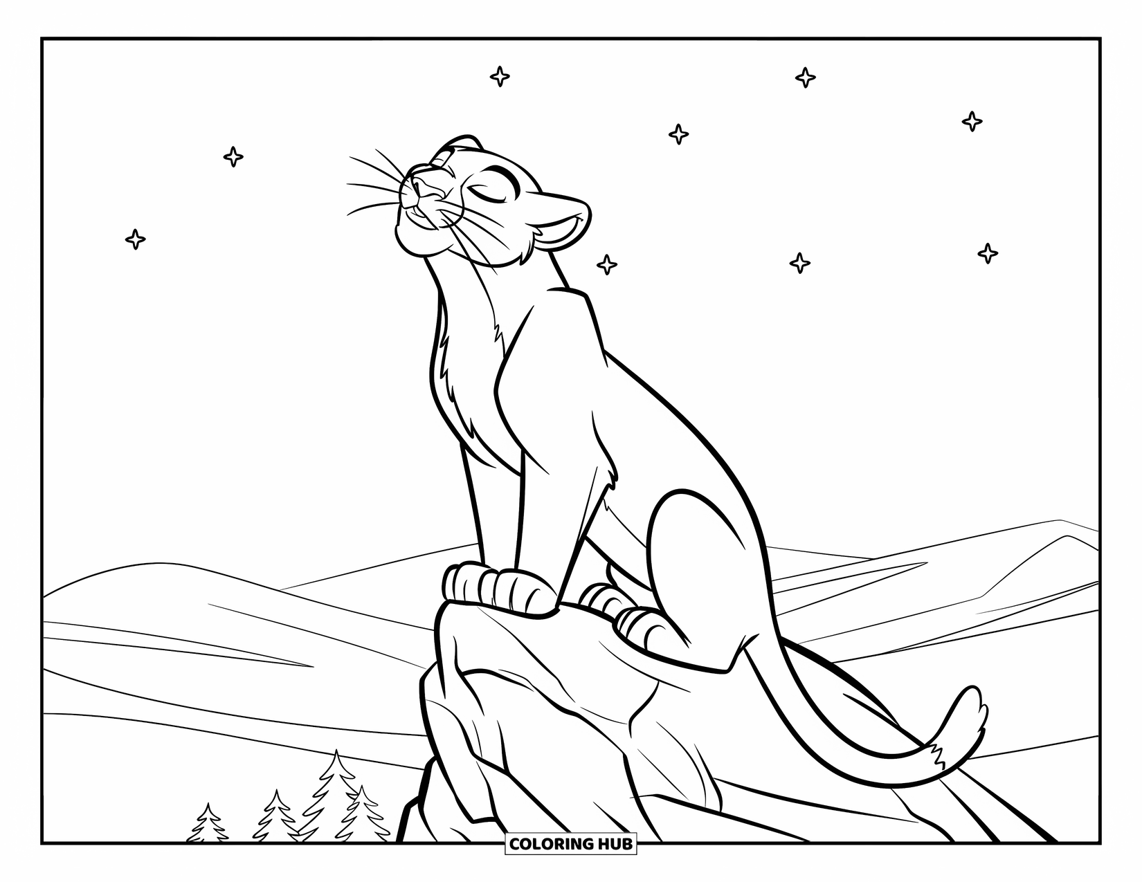 Mountain Lion Coloring Page for Kids: A howling mountain lion stands tall on a rocky ledge under a starry sky