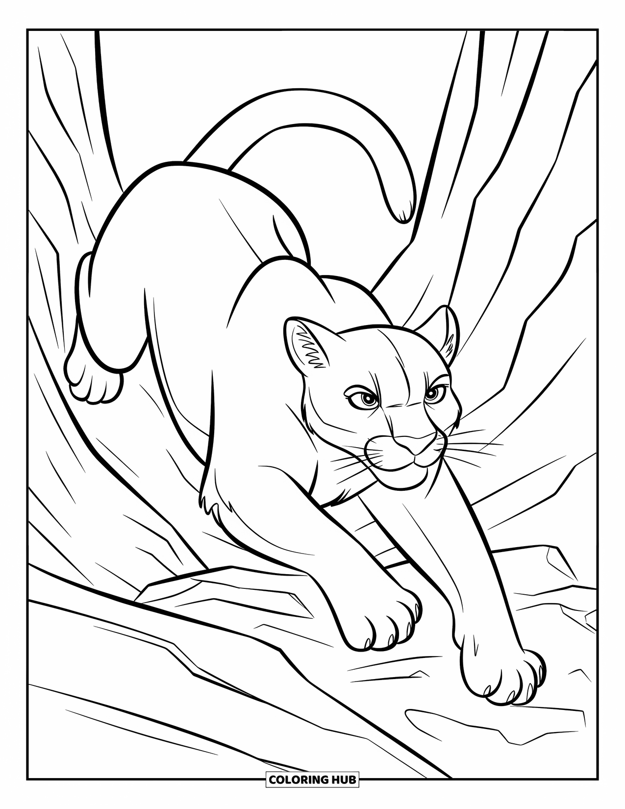 Mountain Lion Coloring Page for Kids: A lion jumps across steep canyon walls with textured fur and bold lines