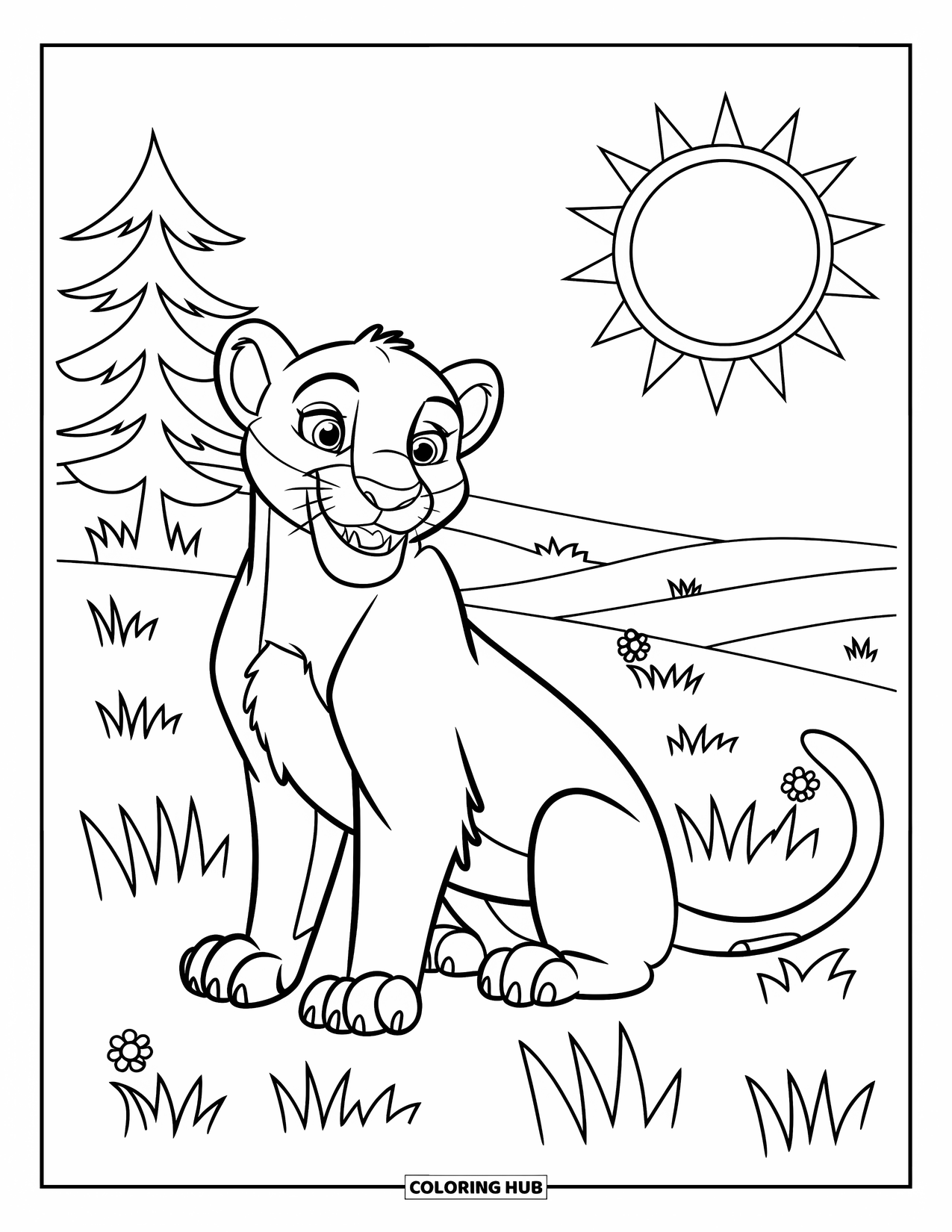 Mountain Lion Coloring Page for Kids: A lion shows its teeth while sitting under the sun in a green meadow