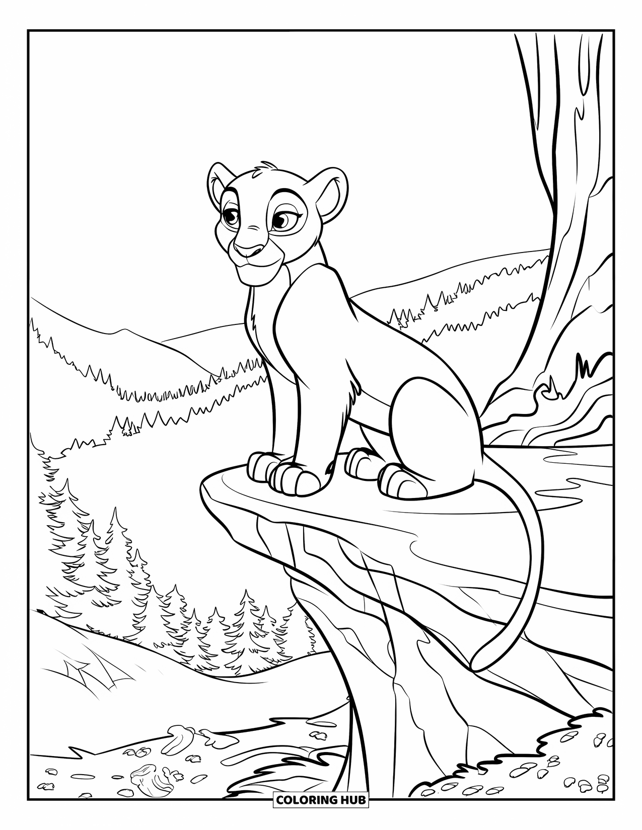 Mountain Lion Coloring Page for Kids: A lion sits quietly above a forest of trees and rolling hills
