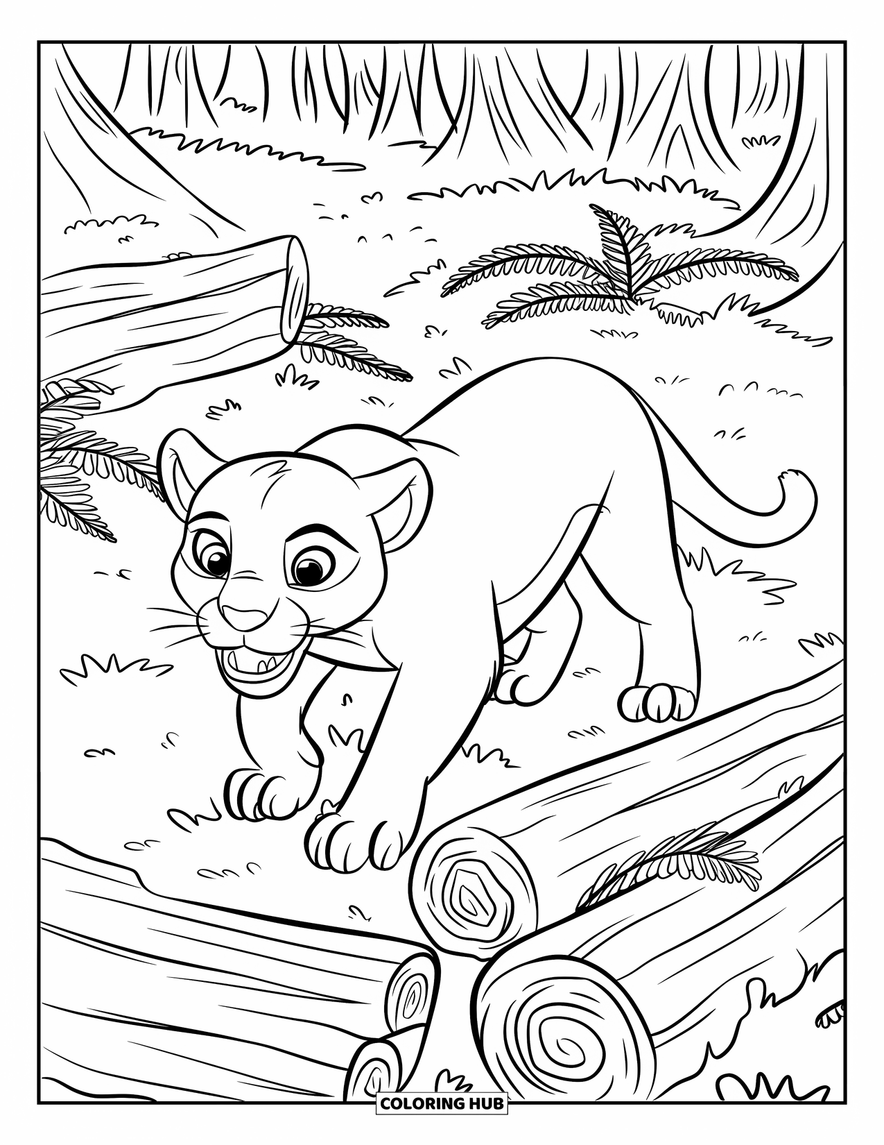 Mountain Lion Coloring Page for Kids: A lion walks among forest ferns and logs with teeth bared