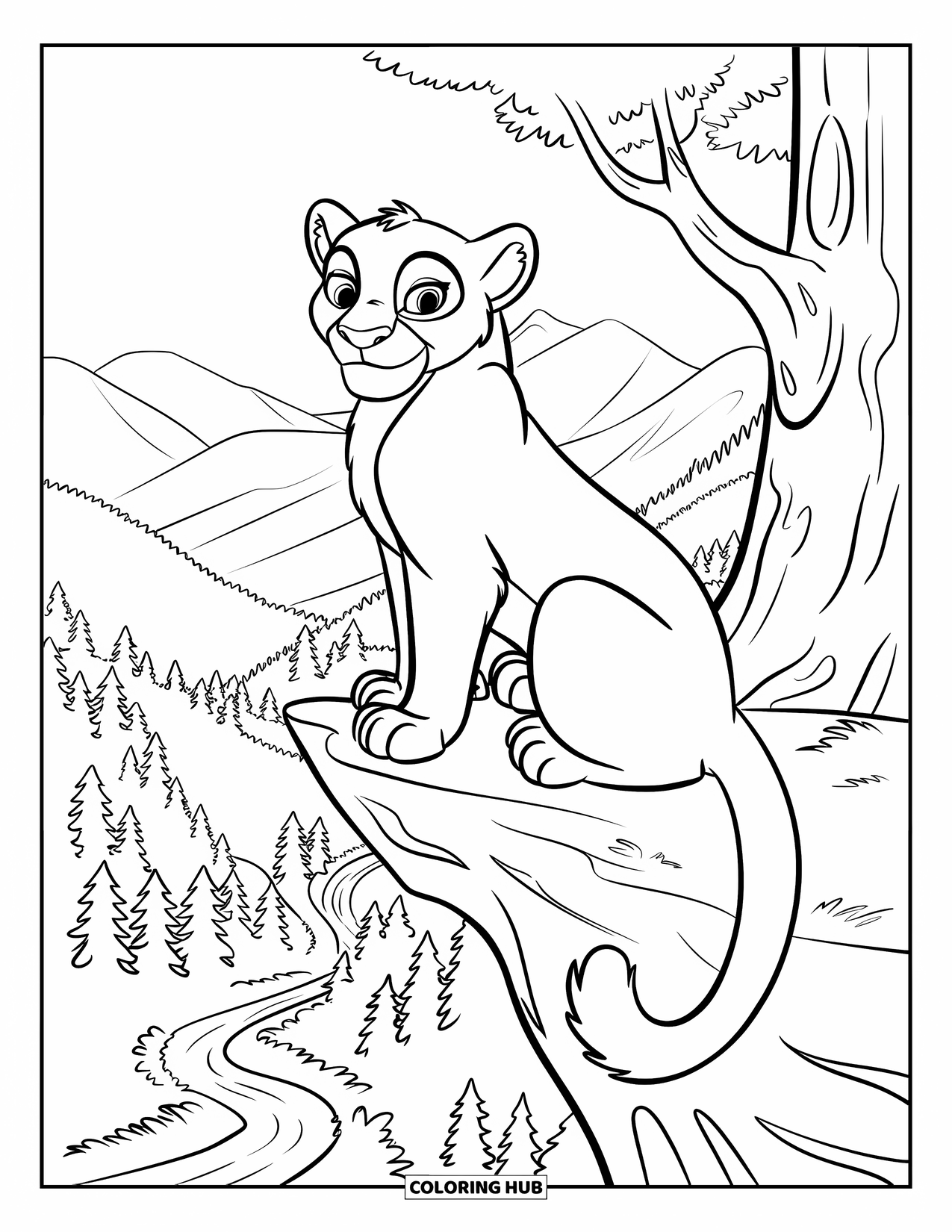 Mountain Lion Coloring Page for Kids: A lion watches from a ledge above a valley filled with winding trees