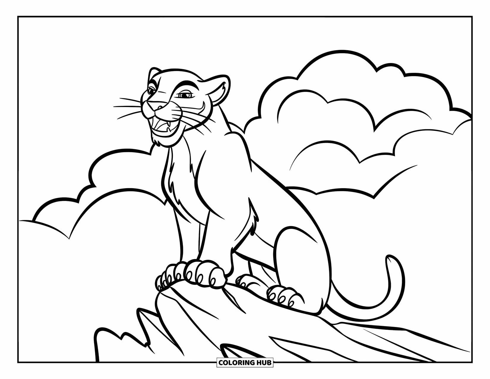 Mountain Lion Coloring Page for Kids: A loud lion roars from a rock as clouds gather above