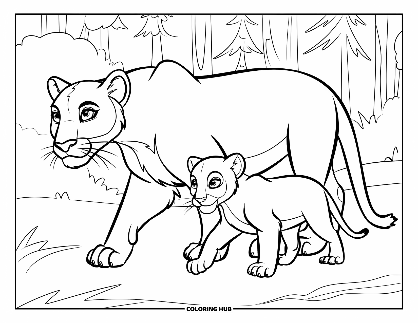 Mountain Lion Coloring Page for Kids: A mother lion and cub walk together near trees and forest rocks