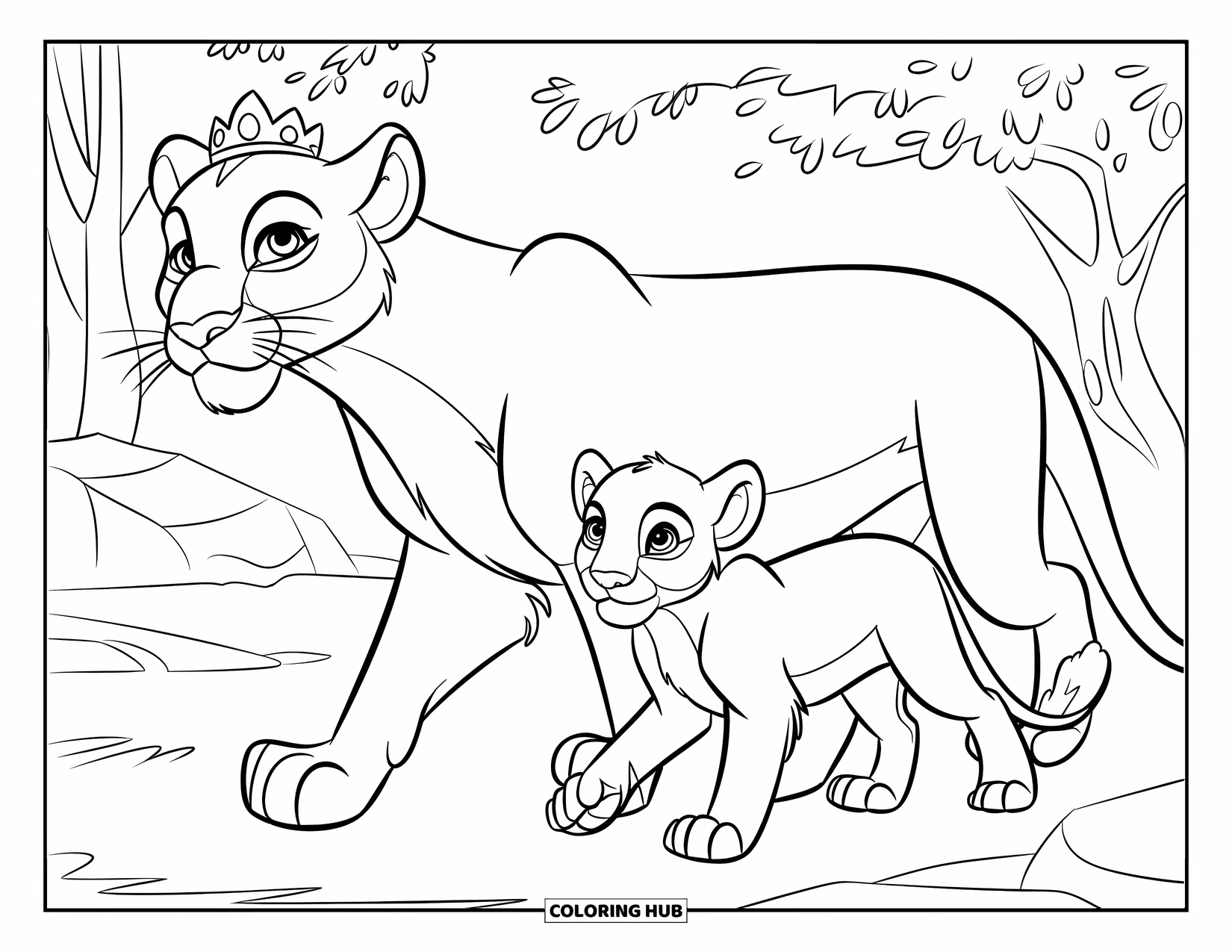 Mountain Lion Coloring Page for Kids: A mother lion and her cub walk side by side through the trees